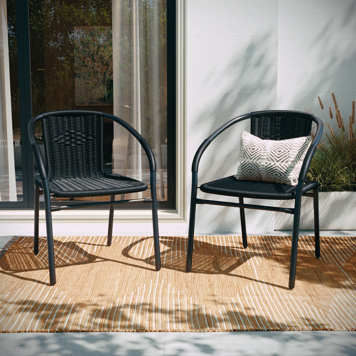 Lila Set of 2 Commercial Grade Black Rattan Indoor-Outdoor Restaurant Stack Chairs Black