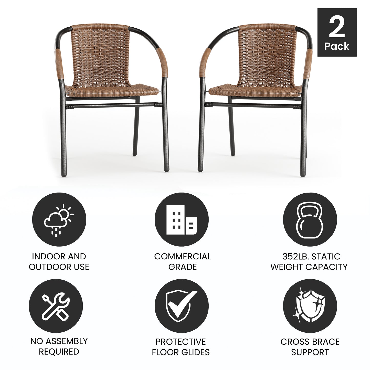 Lila Set of 2 Commercial Grade Medium Brown Rattan Indoor-Outdoor Restaurant Stack Chairs Medium Brown