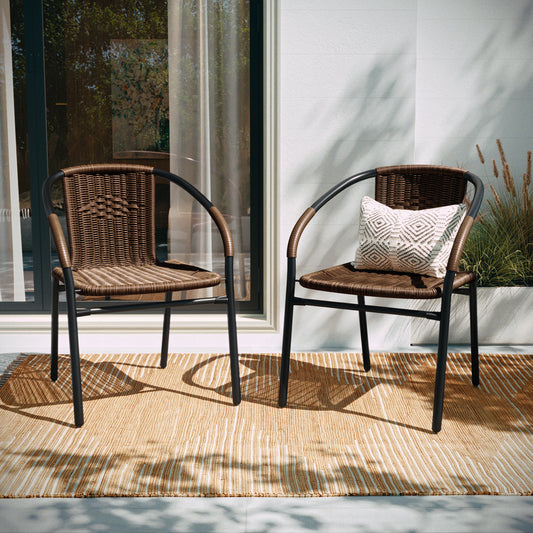 Lila Set of 2 Commercial Grade Medium Brown Rattan Indoor-Outdoor Restaurant Stack Chairs Medium Brown
