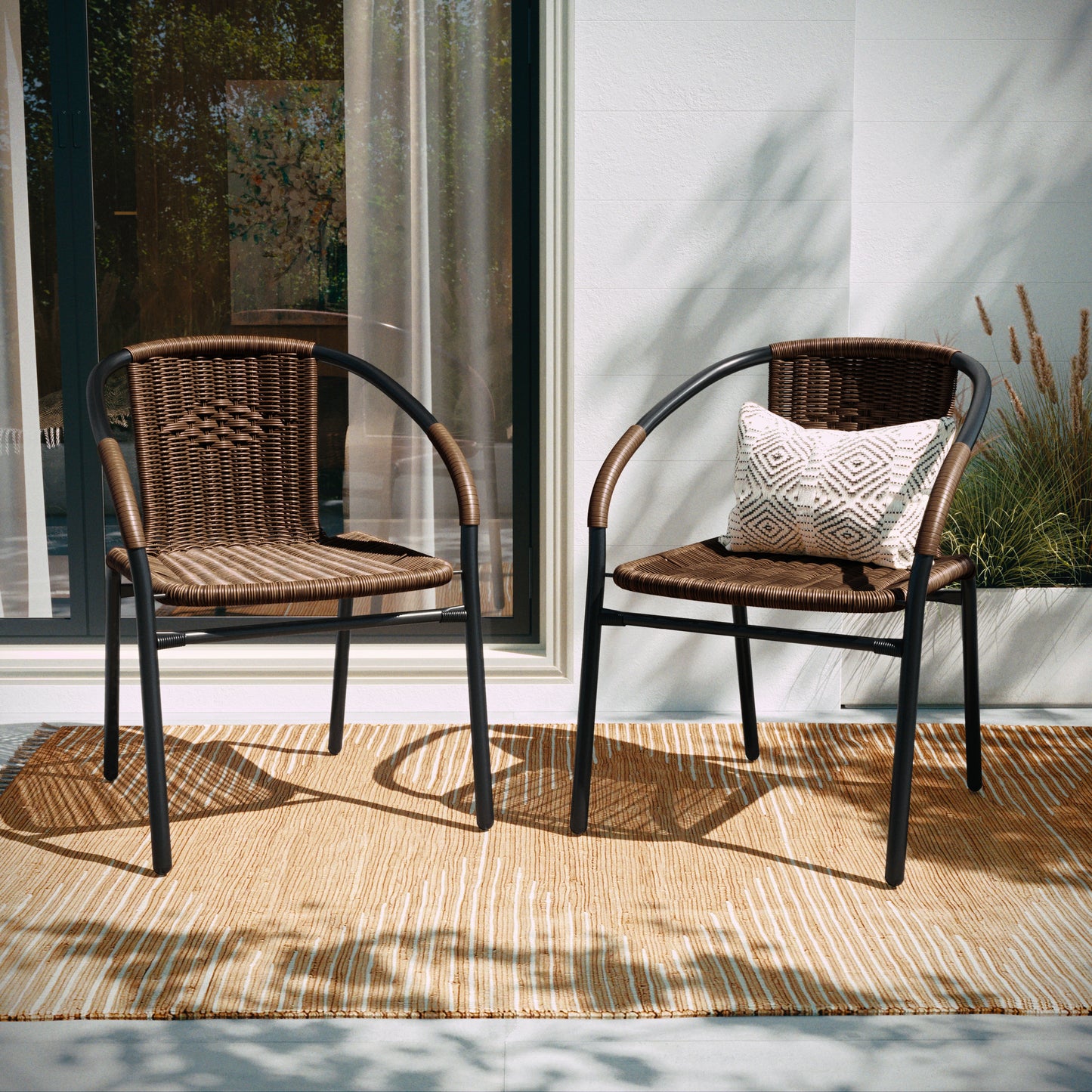 Lila Set of 2 Commercial Grade Medium Brown Rattan Indoor-Outdoor Restaurant Stack Chairs Medium Brown