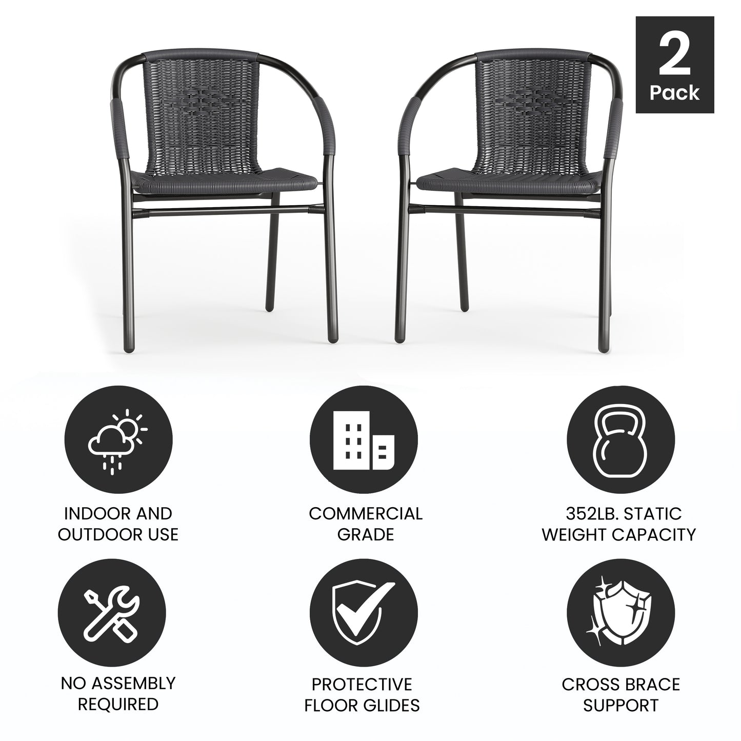 Lila Set of 2 Commercial Grade Gray Rattan Indoor-Outdoor Restaurant Stack Chairs Gray 2-TLH-037-GY-GG