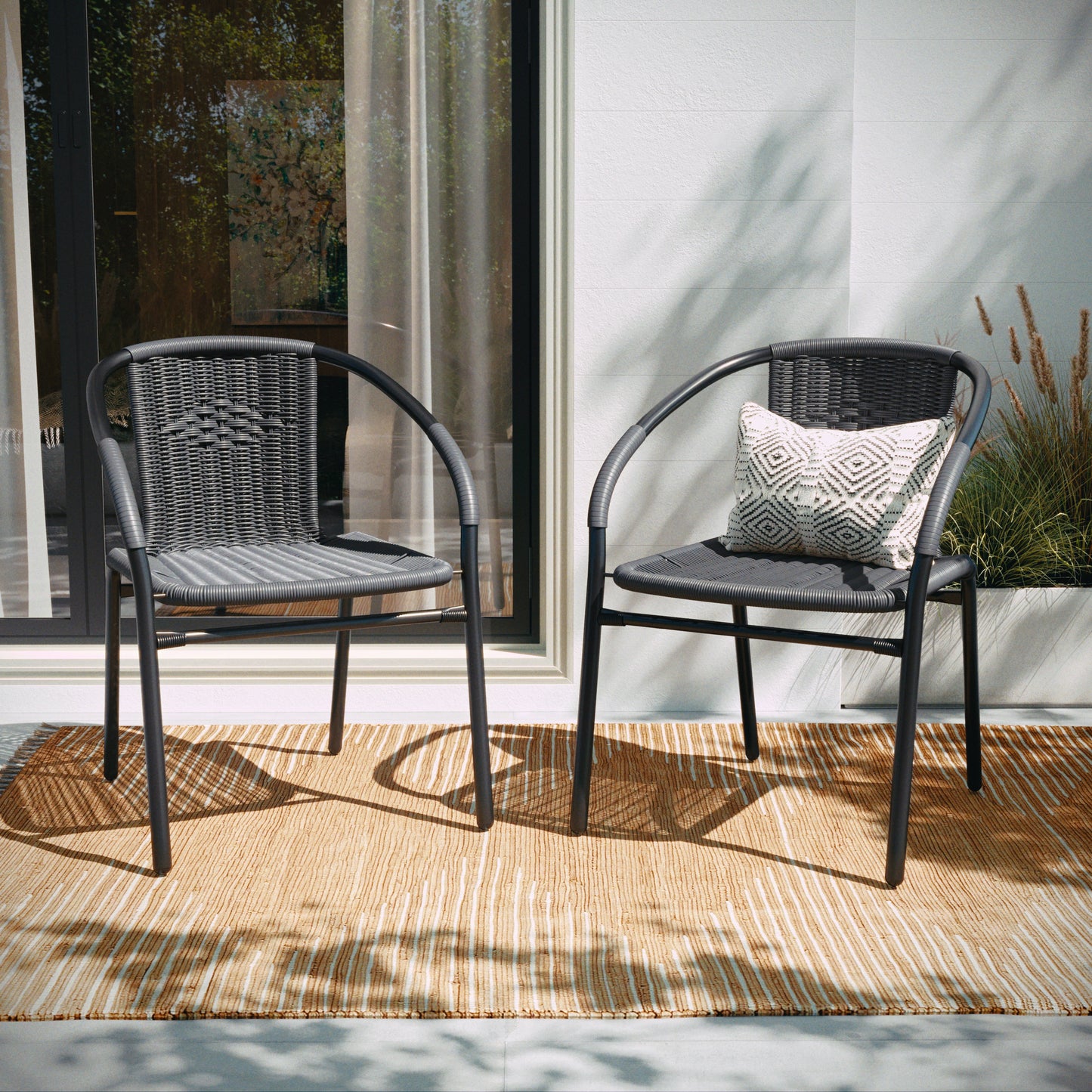 Lila Set of 2 Commercial Grade Gray Rattan Indoor-Outdoor Restaurant Stack Chairs Gray 2-TLH-037-GY-GG