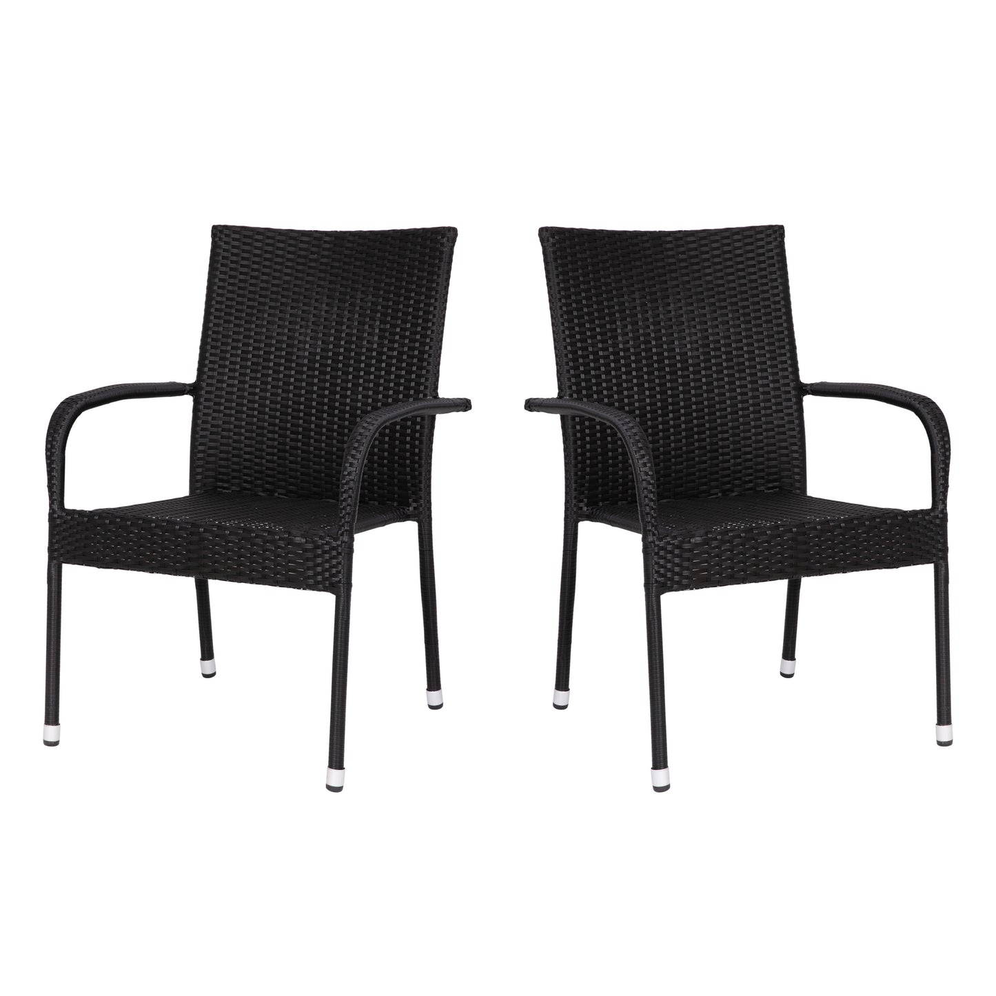 Maxim Set of 2 Stackable Indoor/Outdoor Wicker Dining Chairs with Arms - Fade & Weather-Resistant Steel Frames - Black Black 2-TW-3WBE073-BK-GG