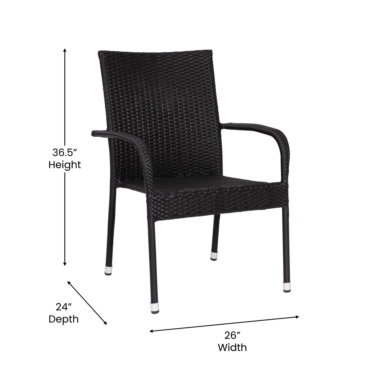Maxim Set of 2 Stackable Indoor/Outdoor Wicker Dining Chairs with Arms - Fade & Weather-Resistant Steel Frames - Black Black 2-TW-3WBE073-BK-GG