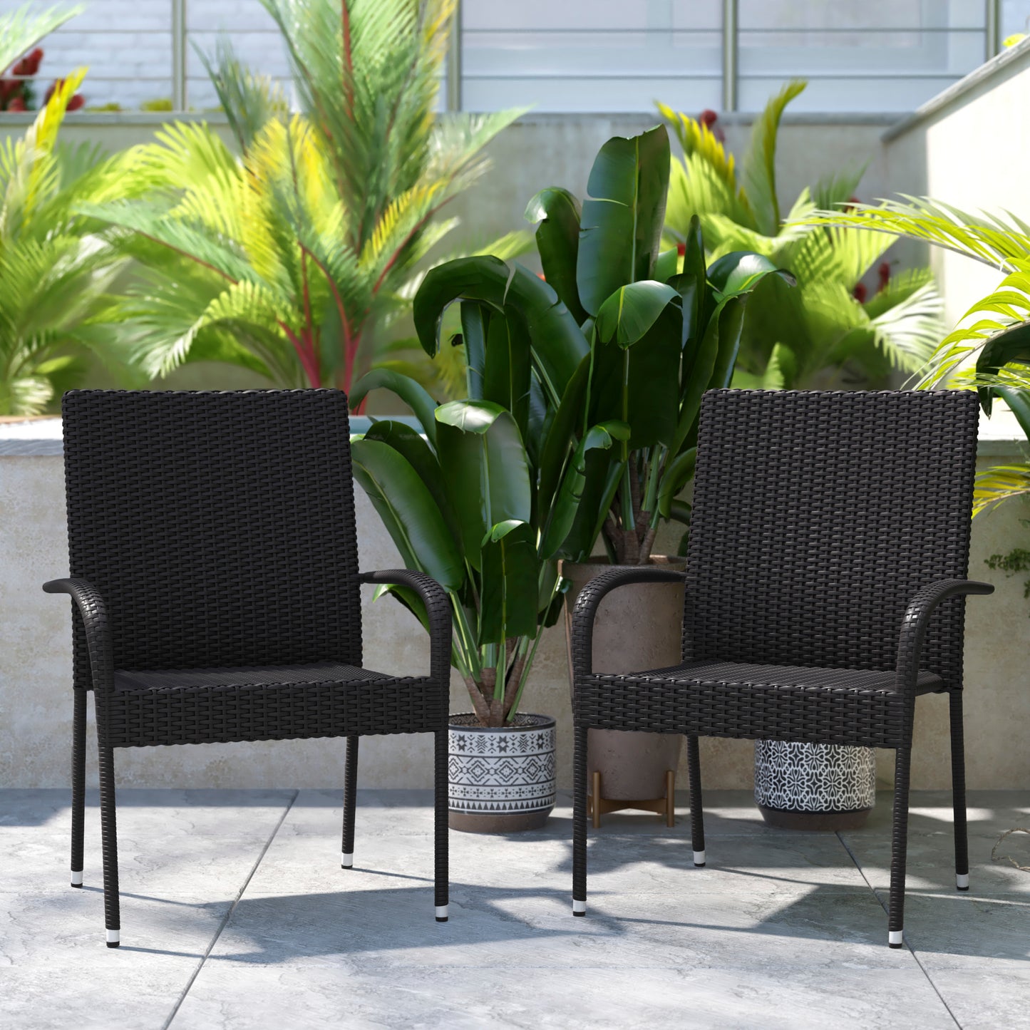 Maxim Set of 2 Stackable Indoor/Outdoor Wicker Dining Chairs with Arms - Fade & Weather-Resistant Steel Frames - Black Black 2-TW-3WBE073-BK-GG