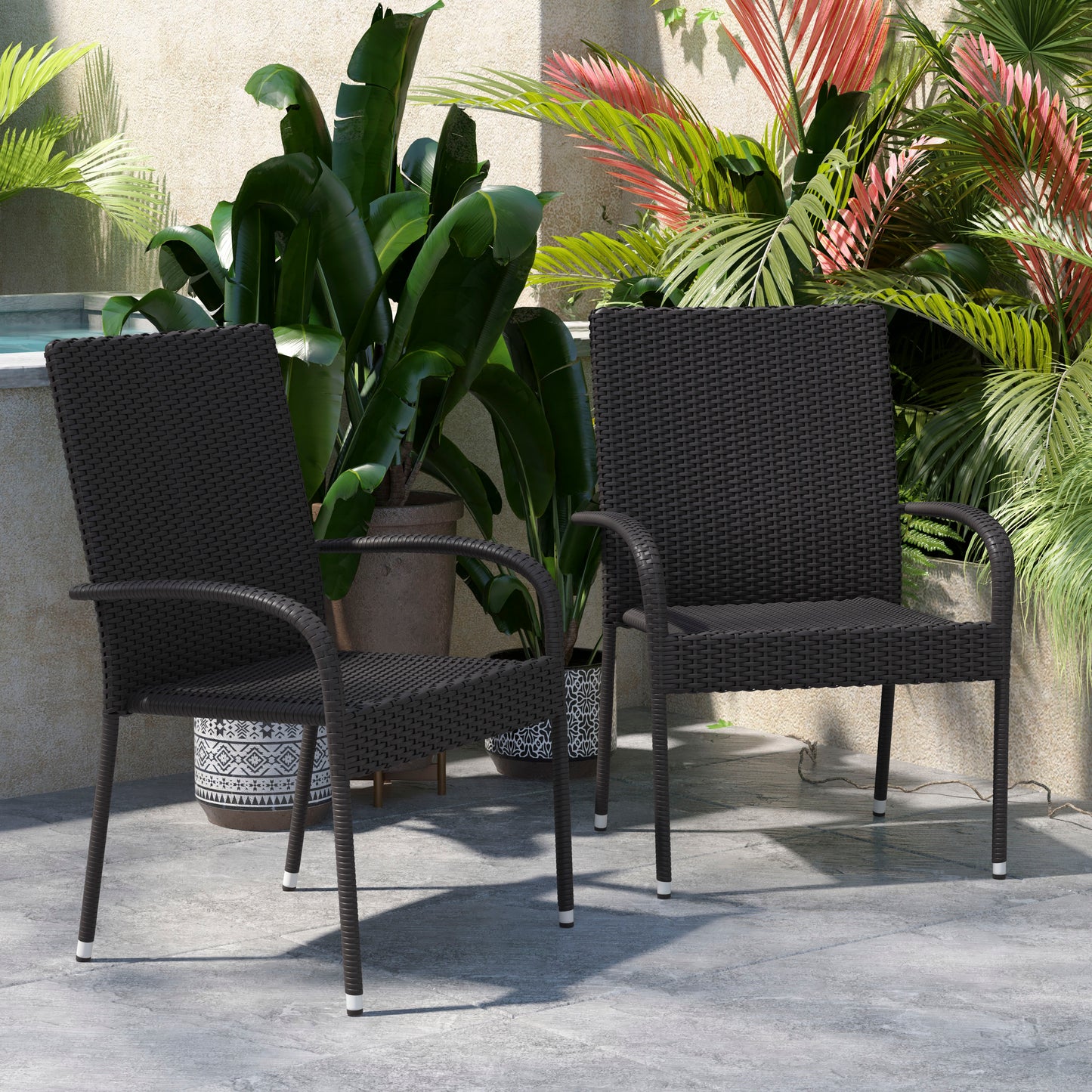 Maxim Set of 2 Stackable Indoor/Outdoor Wicker Dining Chairs with Arms - Fade & Weather-Resistant Steel Frames - Black Black 2-TW-3WBE073-BK-GG