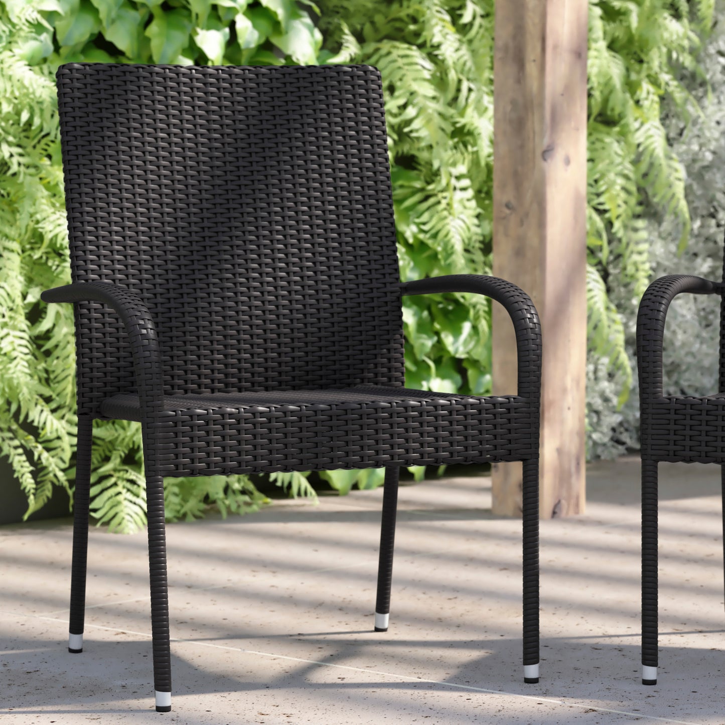 Maxim Set of 2 Stackable Indoor/Outdoor Wicker Dining Chairs with Arms - Fade & Weather-Resistant Steel Frames - Black Black 2-TW-3WBE073-BK-GG
