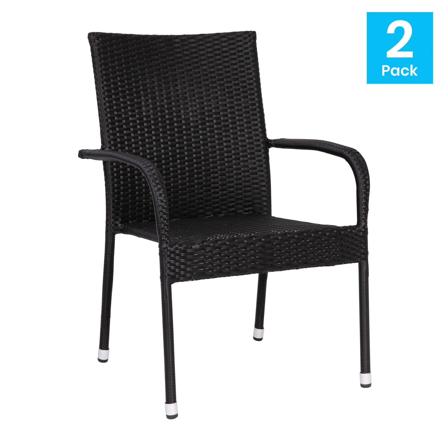 Maxim Set of 2 Stackable Indoor/Outdoor Wicker Dining Chairs with Arms - Fade & Weather-Resistant Steel Frames - Black Black 2-TW-3WBE073-BK-GG