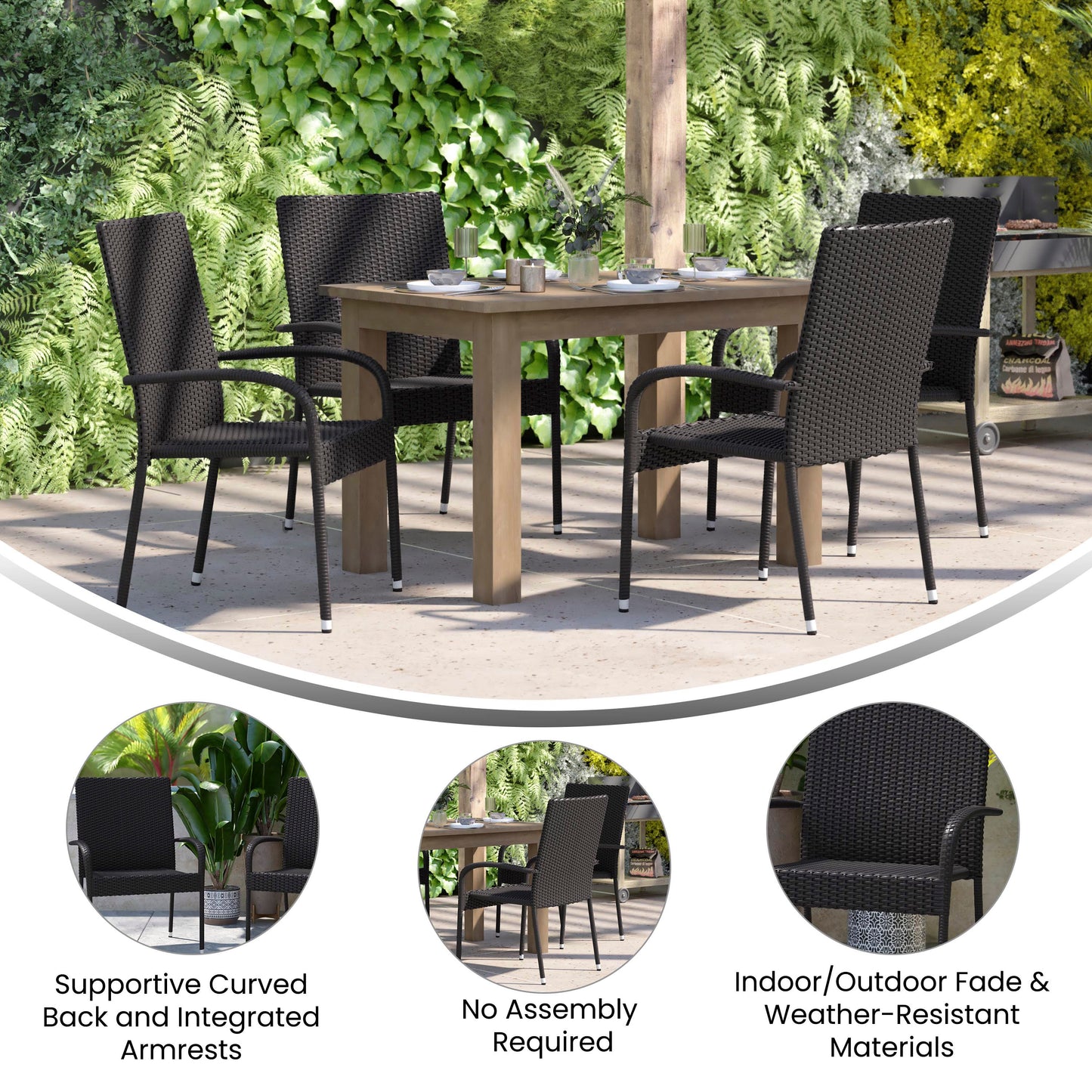 Maxim Set of 2 Stackable Indoor/Outdoor Wicker Dining Chairs with Arms - Fade & Weather-Resistant Steel Frames - Black Black 2-TW-3WBE073-BK-GG