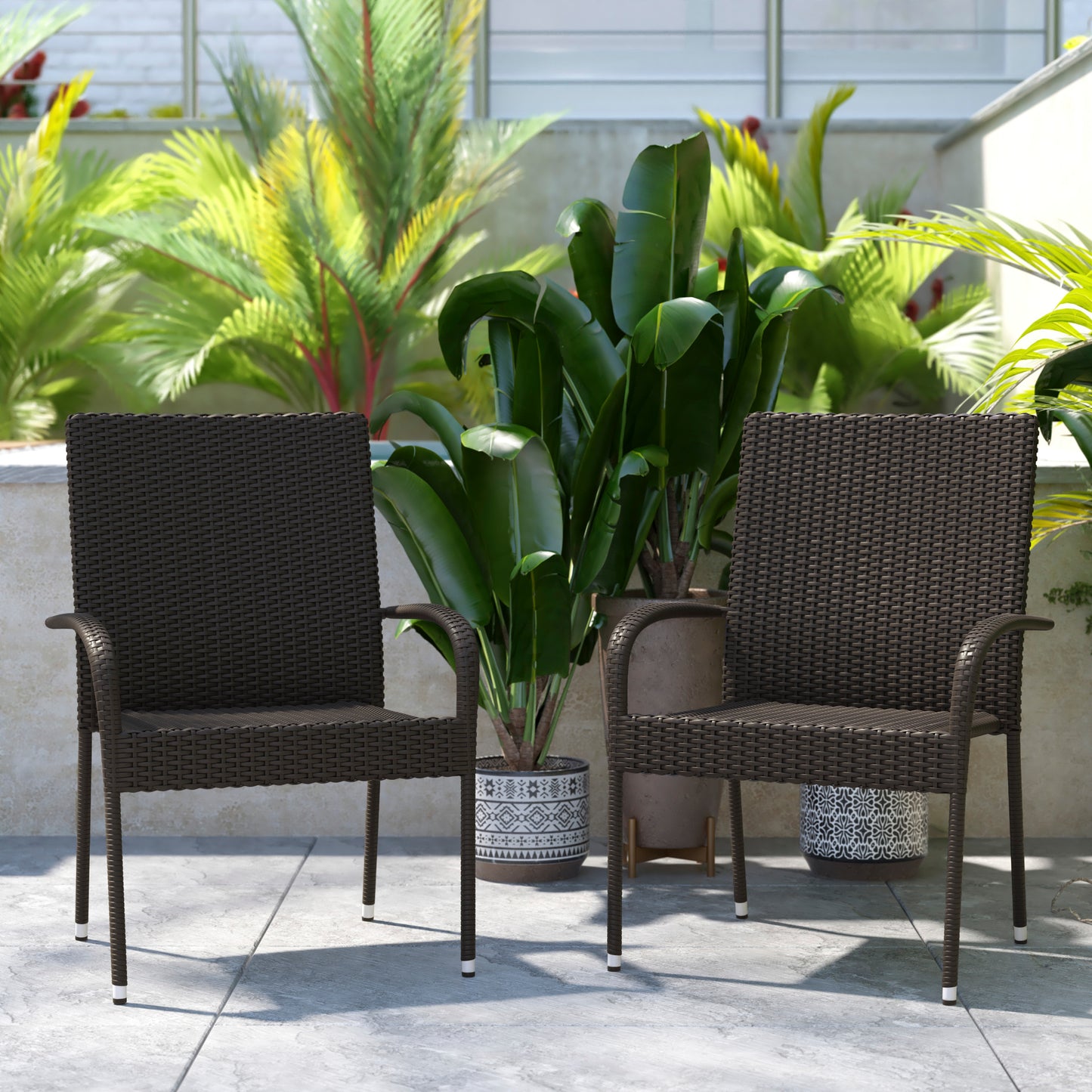 Maxim Set of 2 Stackable Indoor/Outdoor Wicker Dining Chairs with Arms - Fade & Weather-Resistant Steel Frames - Espresso Espresso
