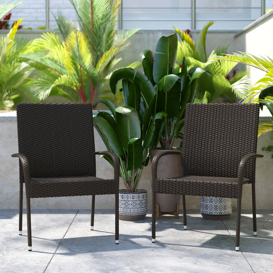 Maxim Set of 2 Stackable Indoor/Outdoor Wicker Dining Chairs with Arms - Fade & Weather-Resistant Steel Frames - Espresso Espresso 2-TW-3WBE073-ESP-GG