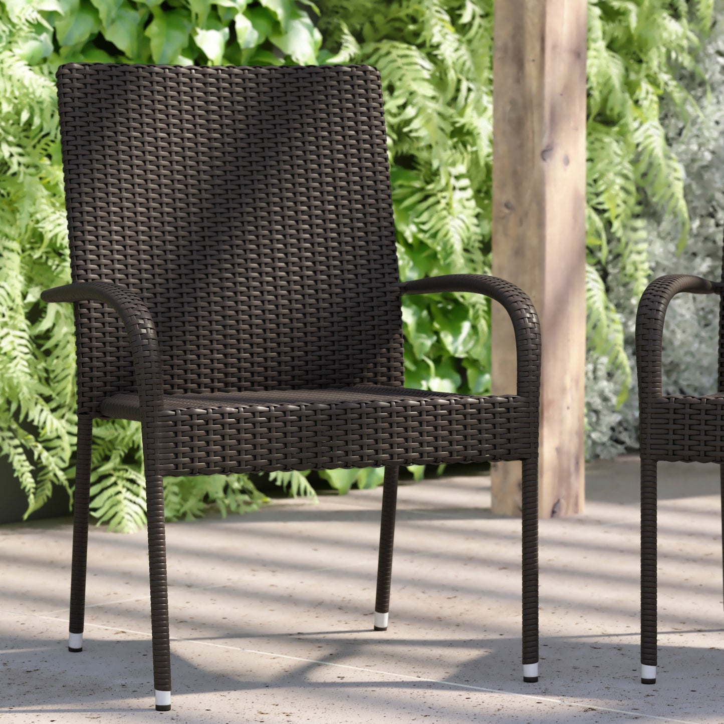 Maxim Set of 2 Stackable Indoor/Outdoor Wicker Dining Chairs with Arms - Fade & Weather-Resistant Steel Frames - Espresso Espresso