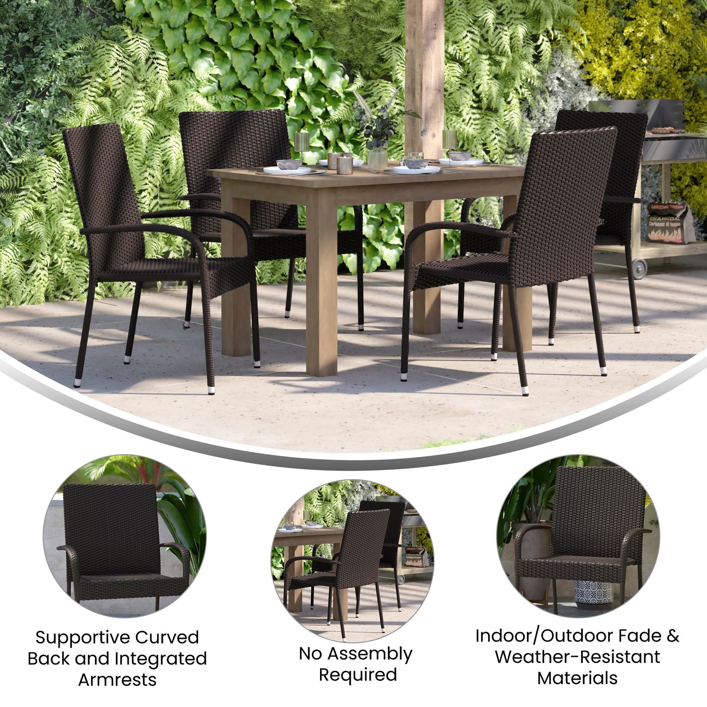 Maxim Set of 2 Stackable Indoor/Outdoor Wicker Dining Chairs with Arms - Fade & Weather-Resistant Steel Frames - Espresso Espresso