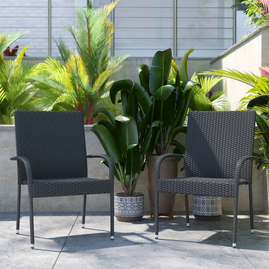 Maxim Set of 2 Stackable Indoor/Outdoor Wicker Dining Chairs with Arms - Fade & Weather-Resistant Steel Frames - Gray Gray 2-TW-3WBE073-GY-GG