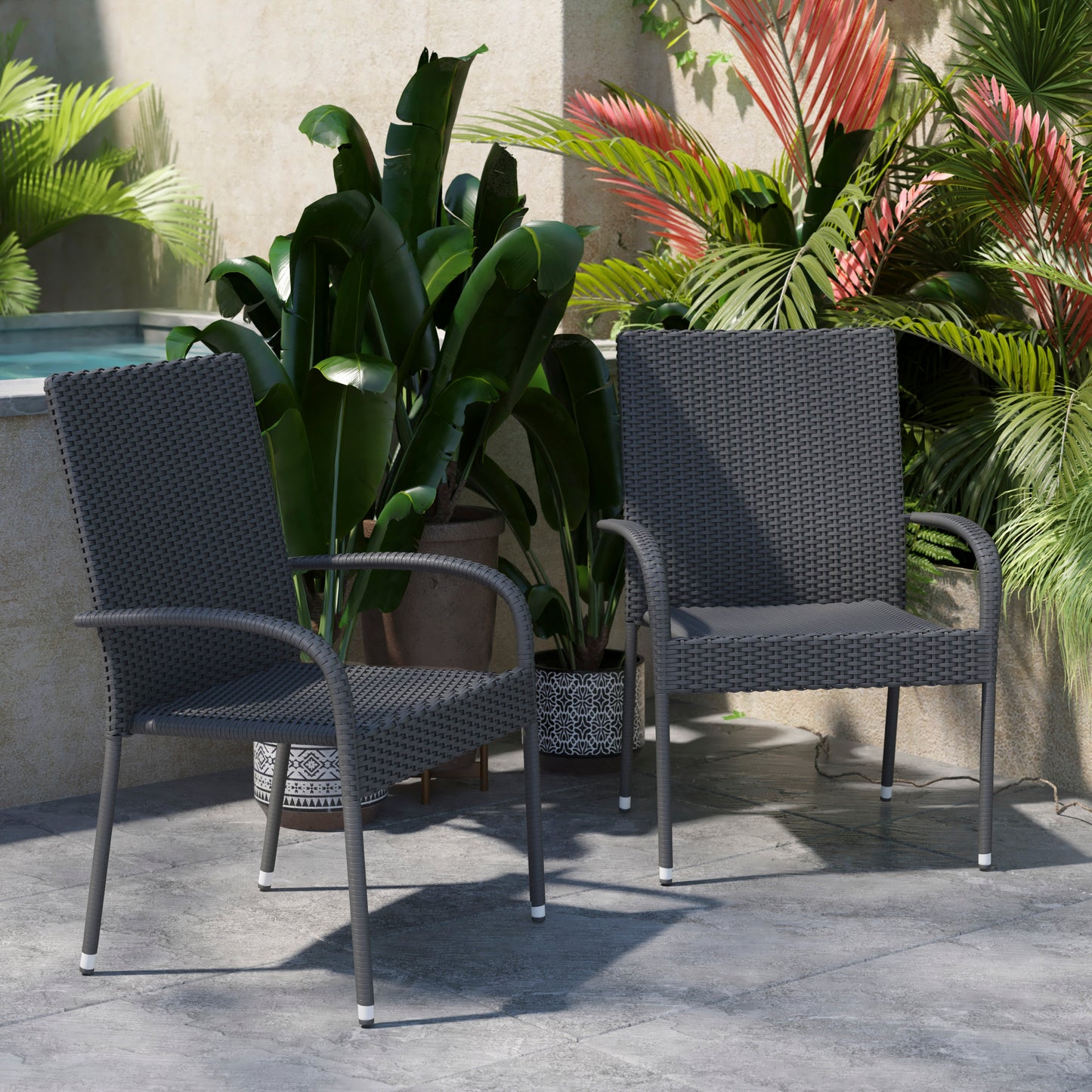 Maxim Set of 2 Stackable Indoor/Outdoor Wicker Dining Chairs with Arms - Fade & Weather-Resistant Steel Frames - Gray Gray