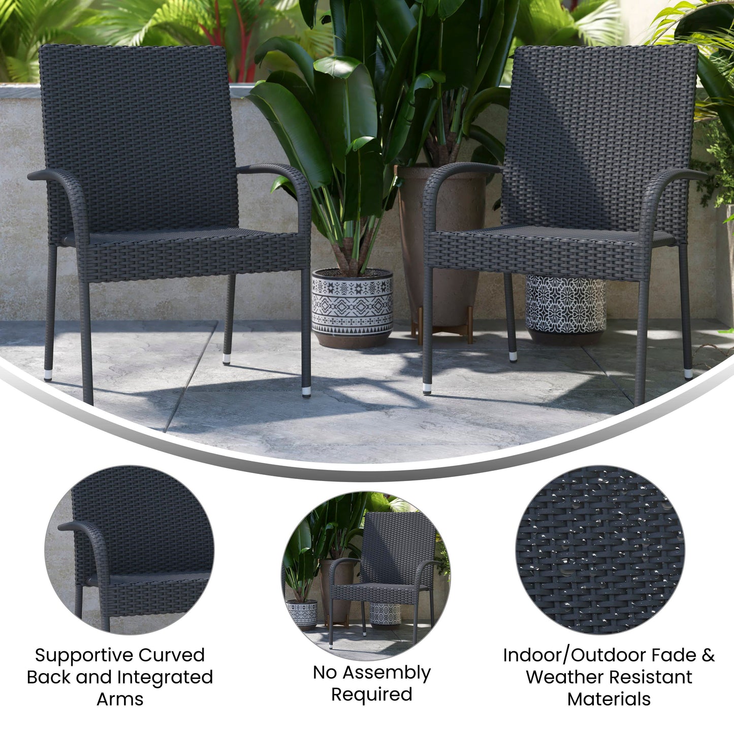 Maxim Set of 2 Stackable Indoor/Outdoor Wicker Dining Chairs with Arms - Fade & Weather-Resistant Steel Frames - Gray Gray