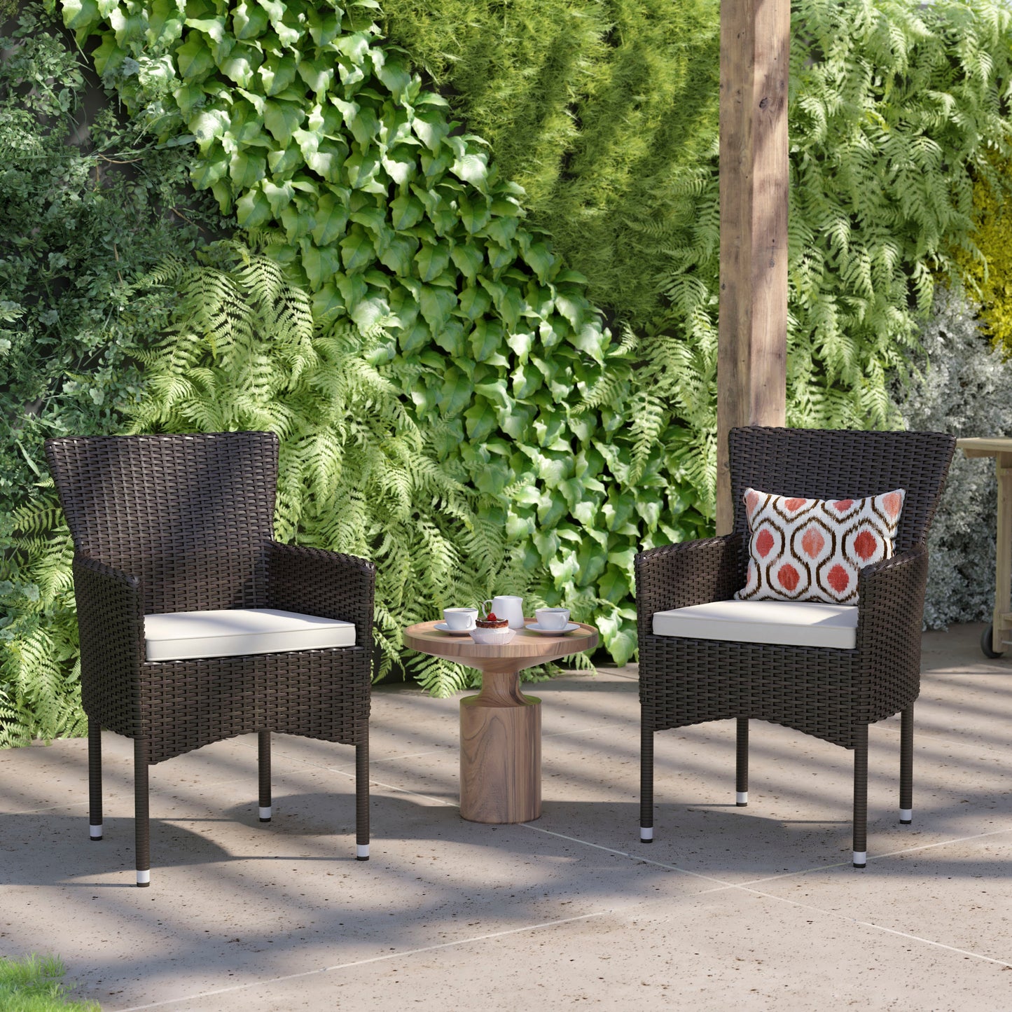 Maxim Modern Espresso Wicker Patio Armchairs for Deck or Backyard, Fade and Weather-Resistant Frames and Cream Cushions-Set of 2 Espresso/Cream