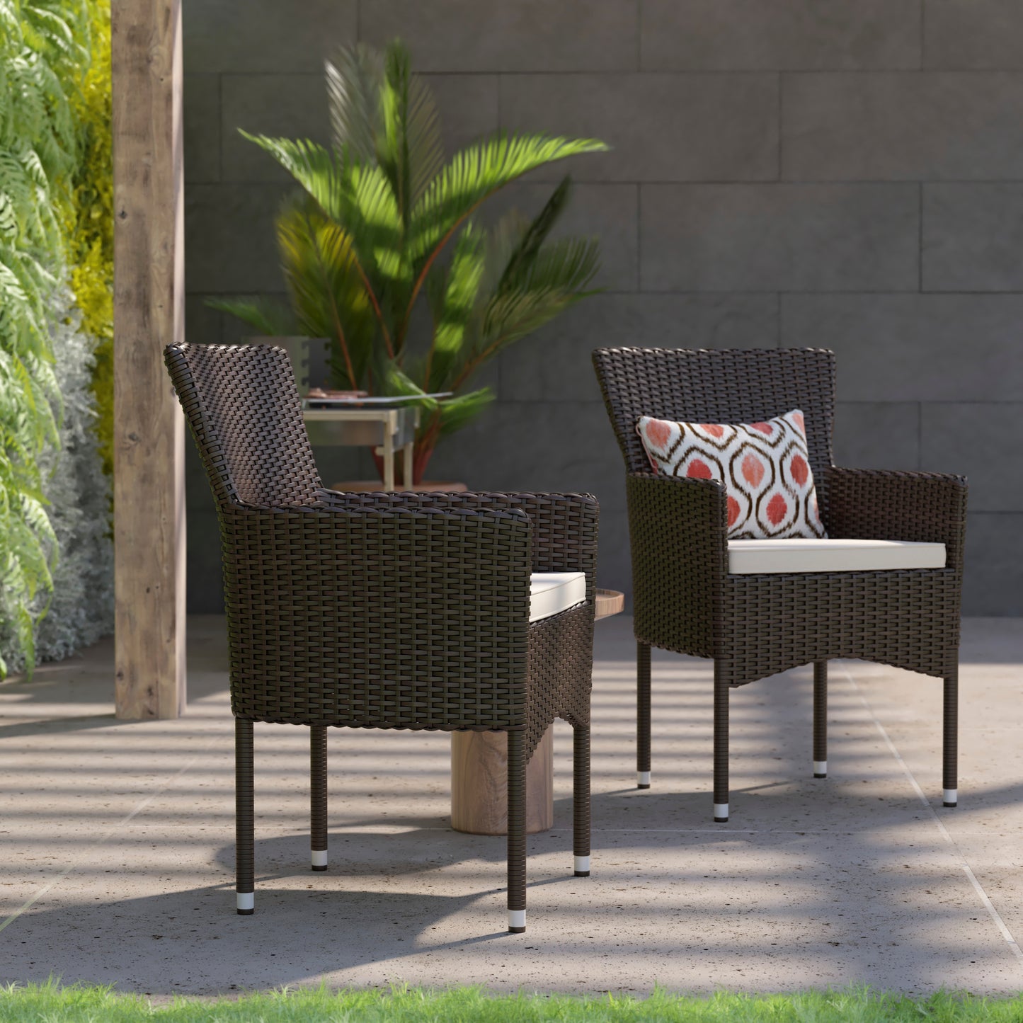 Maxim Modern Espresso Wicker Patio Armchairs for Deck or Backyard, Fade and Weather-Resistant Frames and Cream Cushions-Set of 2 Espresso/Cream