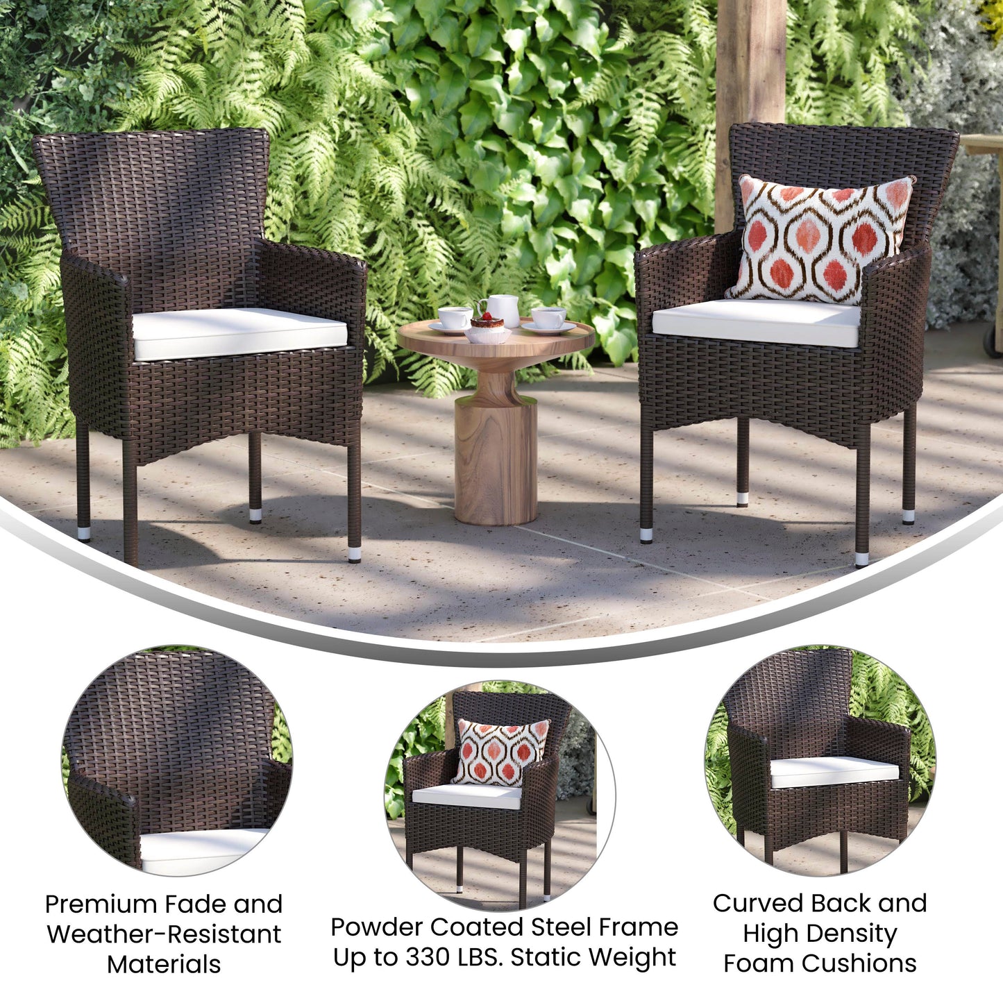 Maxim Modern Espresso Wicker Patio Armchairs for Deck or Backyard, Fade and Weather-Resistant Frames and Cream Cushions-Set of 2 Espresso/Cream