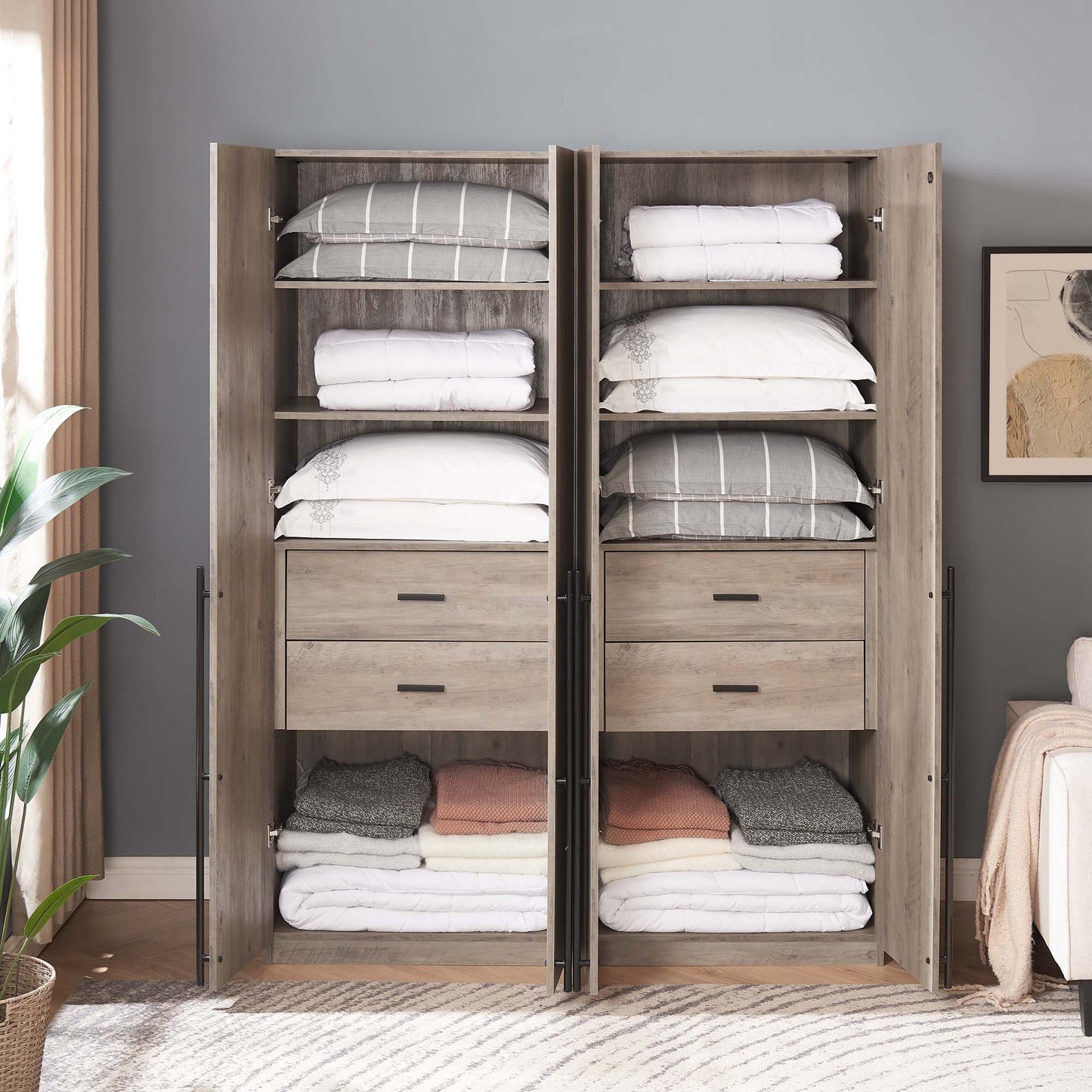 Manhattan Comfort Lee Modern Freestanding Wardrobe Closet 1.0 with 4 Shelves and 2 Drawers in Rustic Grey- Set of 2 2-WC001-GY