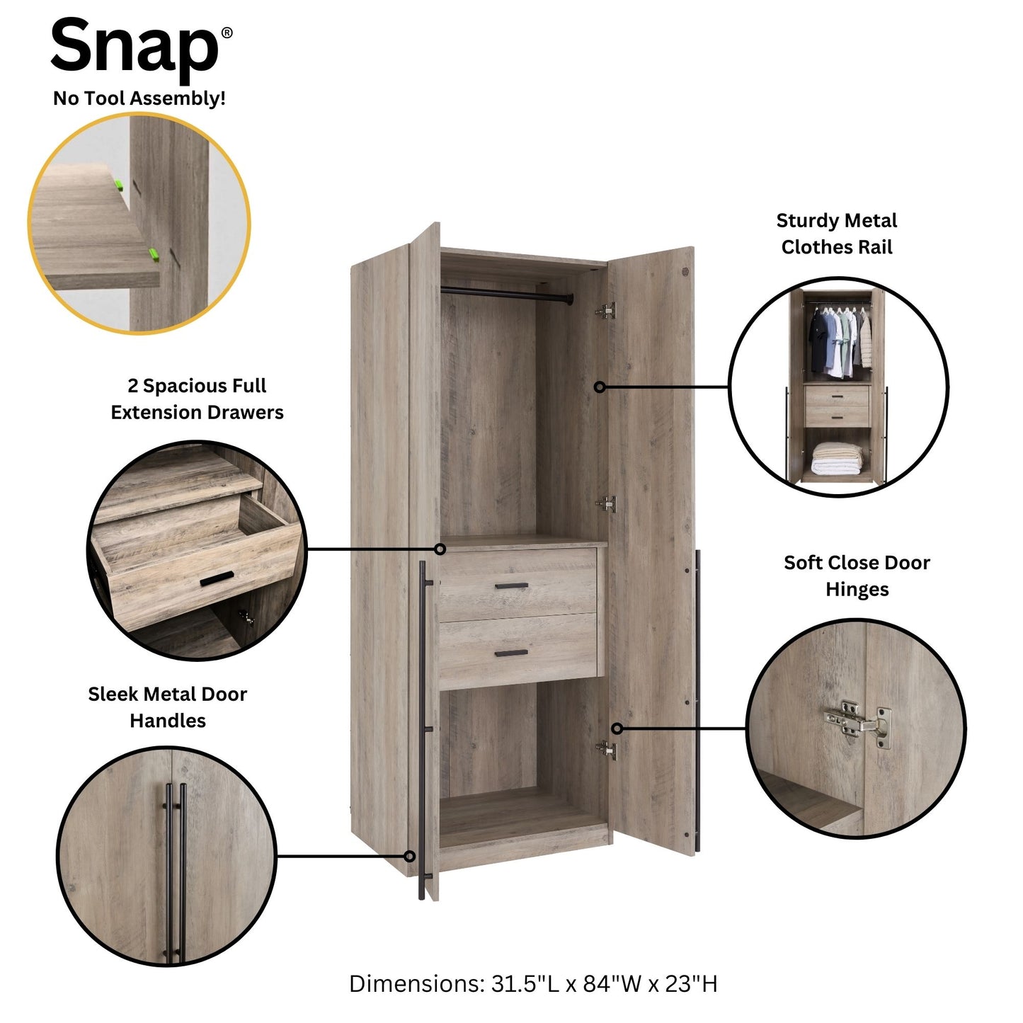 Lee Modern 2-Piece Wardrobe Closet in Rustic Gray 2-WC0012-GY