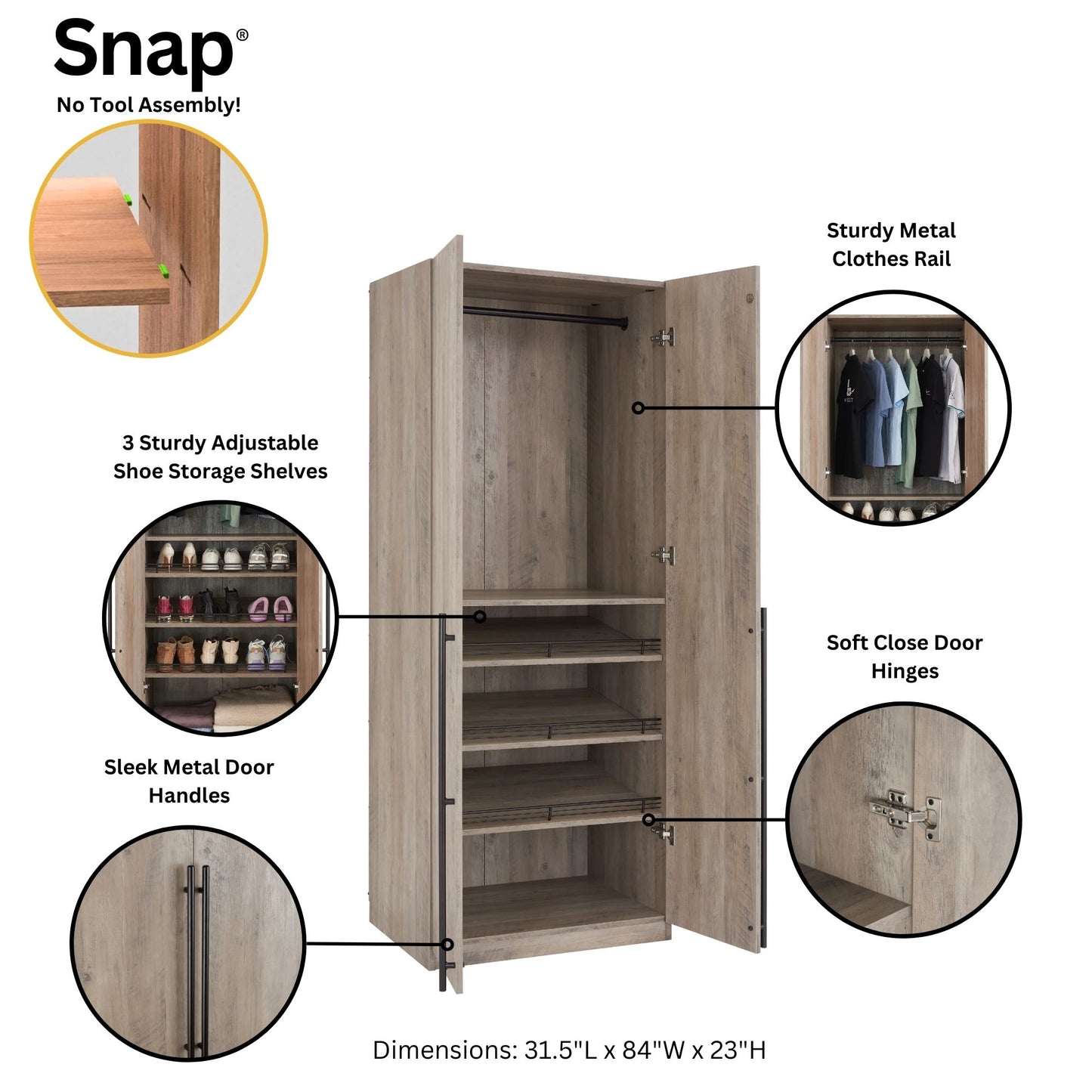 Manhattan Comfort Lee Modern Freestanding 2-Piece Module Wardrobe Closet with 1 Hanging Rod, 2 Drawers, 3 Shoe Compartments, and 5 Shelves in Rustic Grey 2-WC0013-GY