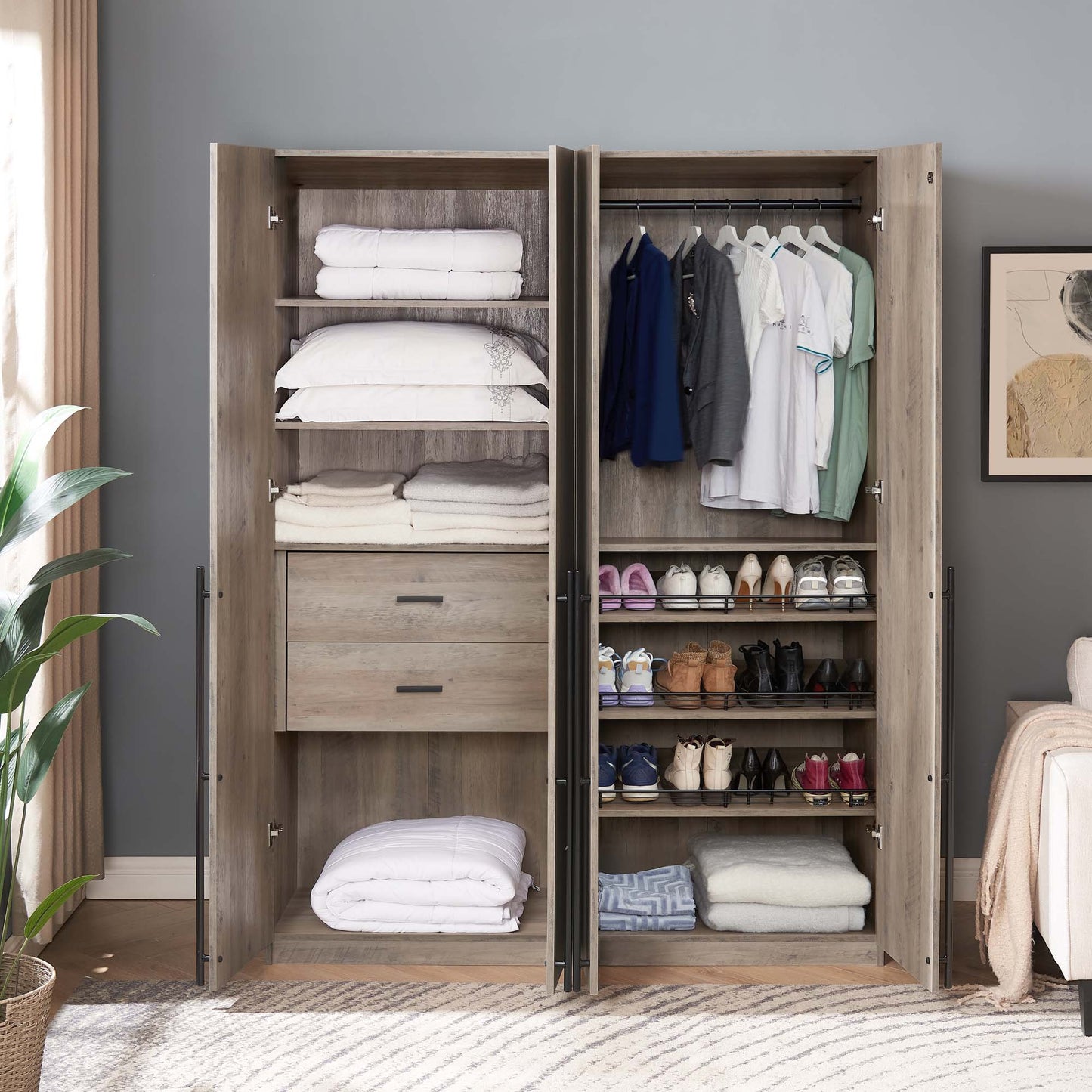 Manhattan Comfort Lee Modern Freestanding 2-Piece Module Wardrobe Closet with 1 Hanging Rod, 2 Drawers, 3 Shoe Compartments, and 5 Shelves in Rustic Grey 2-WC0013-GY