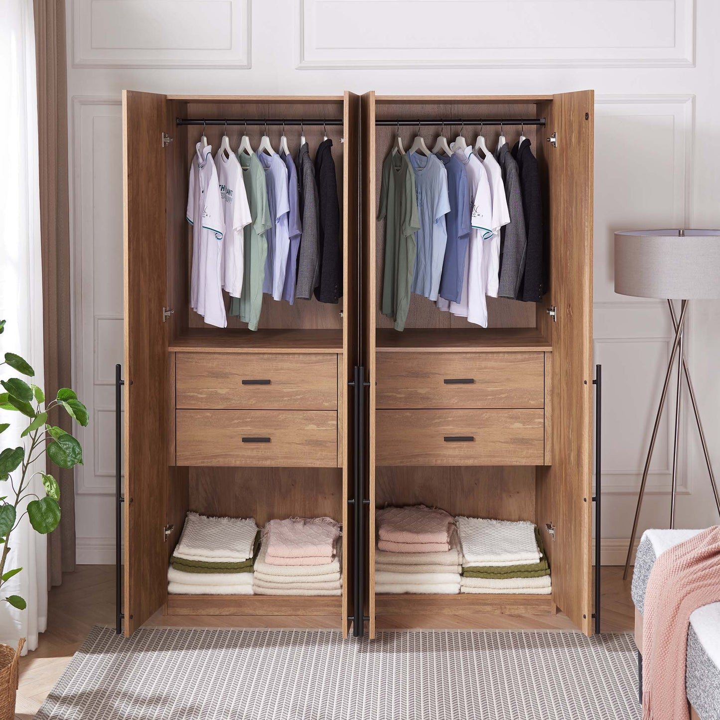 Manhattan Comfort Lee Modern Freestanding Wardrobe Closet 2.0 with 1 Hanging Rod, 1 Shelf, and 2 Drawers in Golden Brown- Set of 2 2-WC002-GB