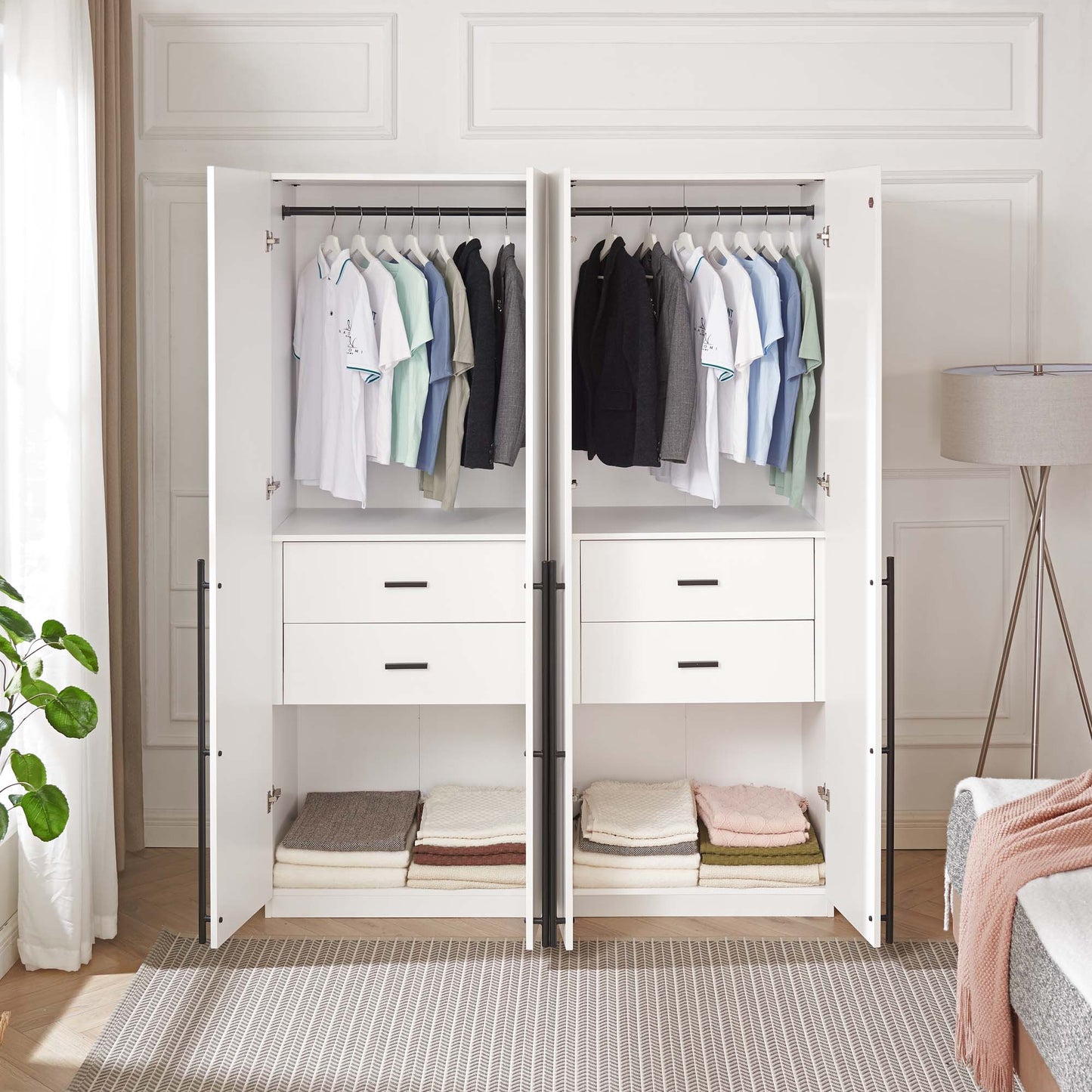Manhattan Comfort Lee Modern Freestanding Wardrobe Closet 2.0 with 1 Hanging Rod, 1 Shelf, and 2 Drawers in White- Set of 2 2-WC002-WH