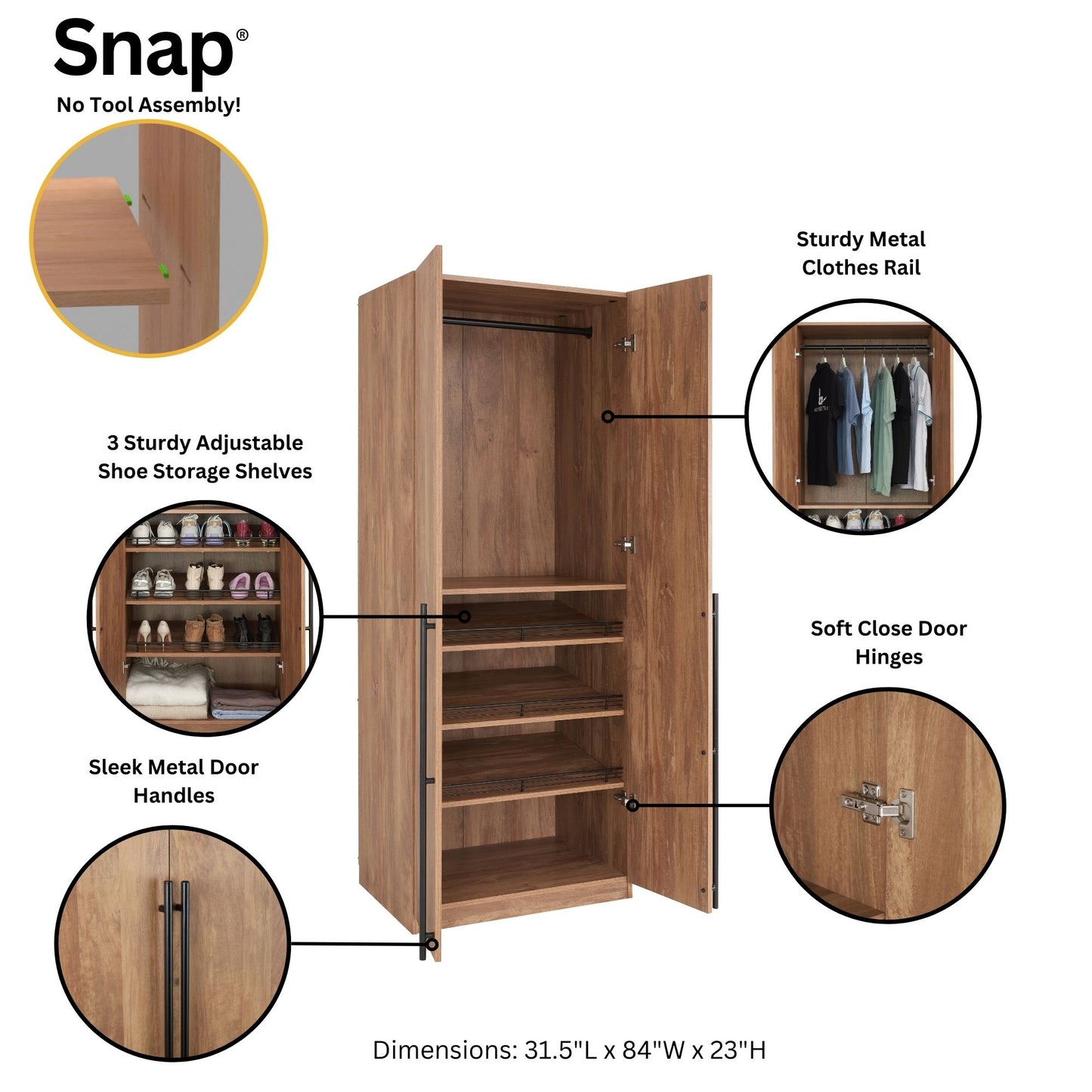 Manhattan Comfort Lee Modern Freestanding 2-Piece Module Wardrobe Closet with 2 Hanging Rods, 2 Drawers, 3 Shoe Compartments, and 2 Shelves in Golden Brown 2-WC0023-GB