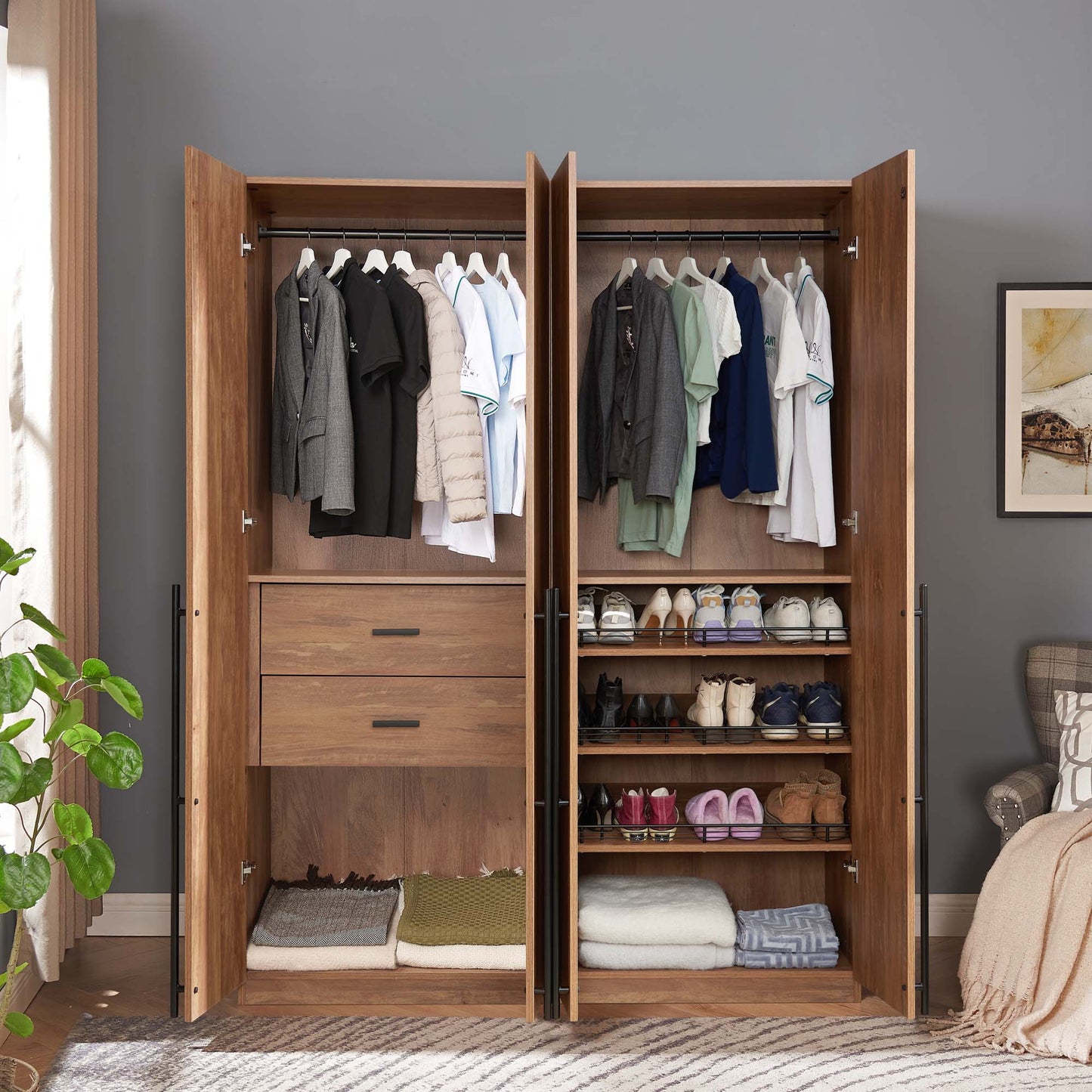 Manhattan Comfort Lee Modern Freestanding 2-Piece Module Wardrobe Closet with 2 Hanging Rods, 2 Drawers, 3 Shoe Compartments, and 2 Shelves in Golden Brown 2-WC0023-GB