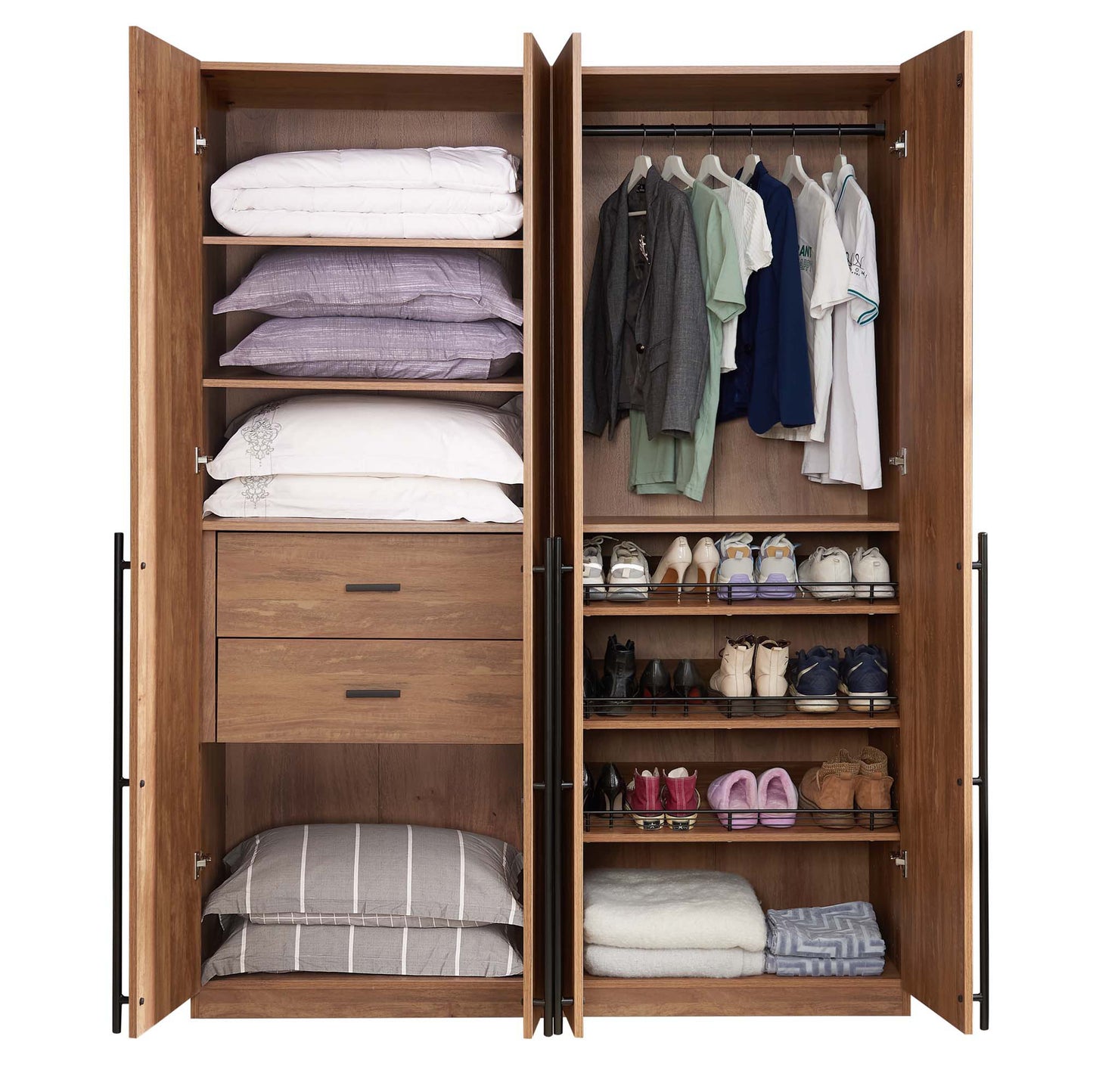 Manhattan Comfort Lee Modern Freestanding 2-Piece Module Wardrobe Closet with 2 Hanging Rods, 2 Drawers, 3 Shoe Compartments, and 2 Shelves in Golden Brown 2-WC0023-GB