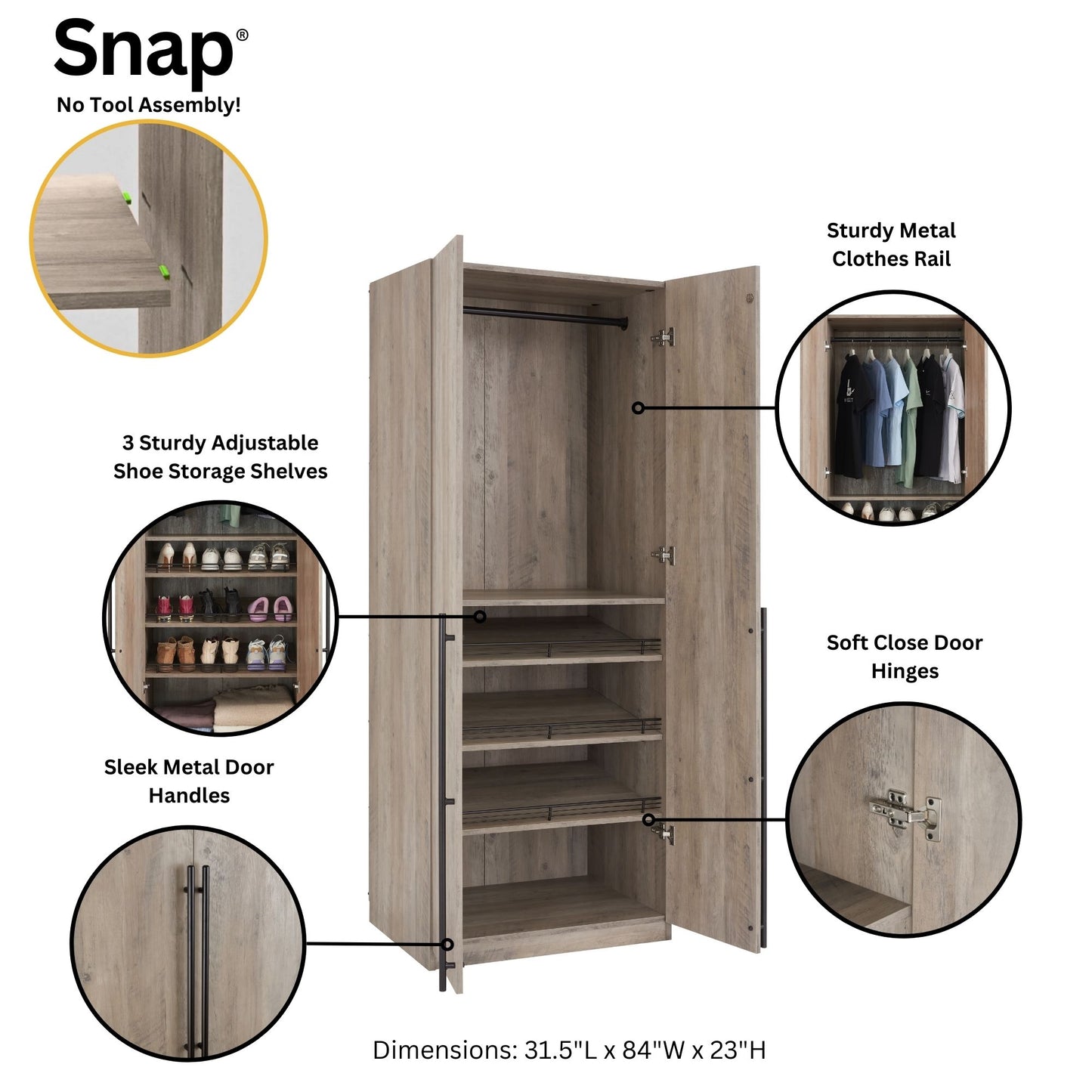 Manhattan Comfort Lee Modern Freestanding 2-Piece Module Wardrobe Closet with 2 Hanging Rods, 2 Drawers, 3 Shoe Compartments, and 2 Shelves in Rustic Grey 2-WC0023-GY