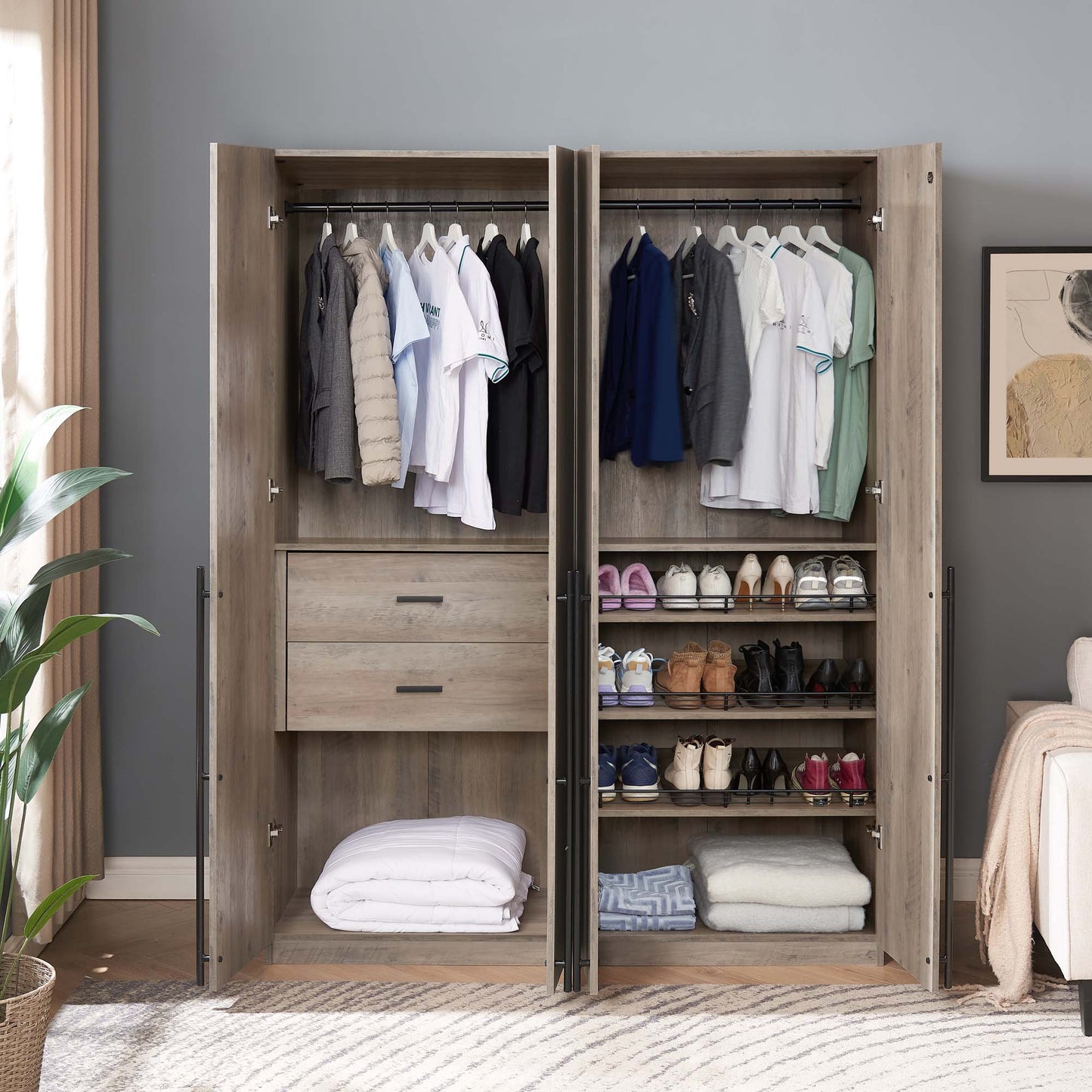Manhattan Comfort Lee Modern Freestanding 2-Piece Module Wardrobe Closet with 2 Hanging Rods, 2 Drawers, 3 Shoe Compartments, and 2 Shelves in Rustic Grey 2-WC0023-GY