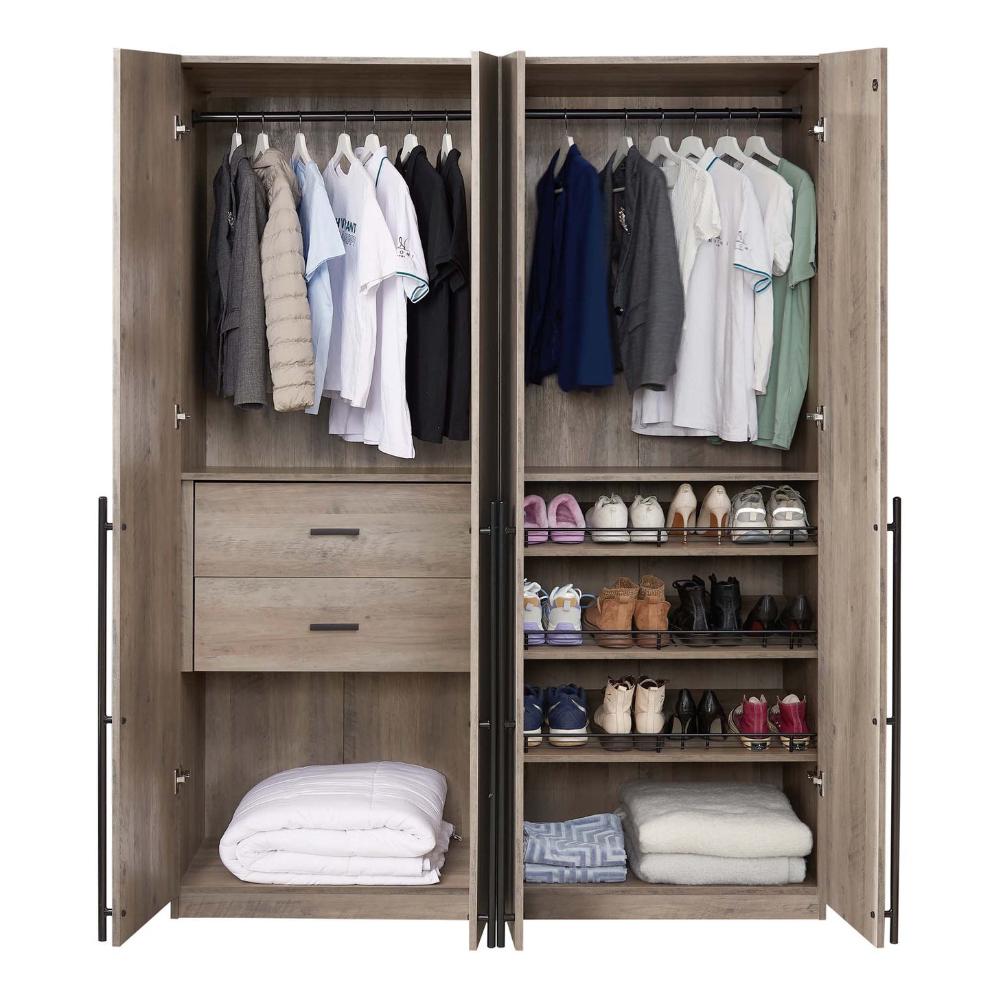 Manhattan Comfort Lee Modern Freestanding 2-Piece Module Wardrobe Closet with 2 Hanging Rods, 2 Drawers, 3 Shoe Compartments, and 2 Shelves in Rustic Grey 2-WC0023-GY
