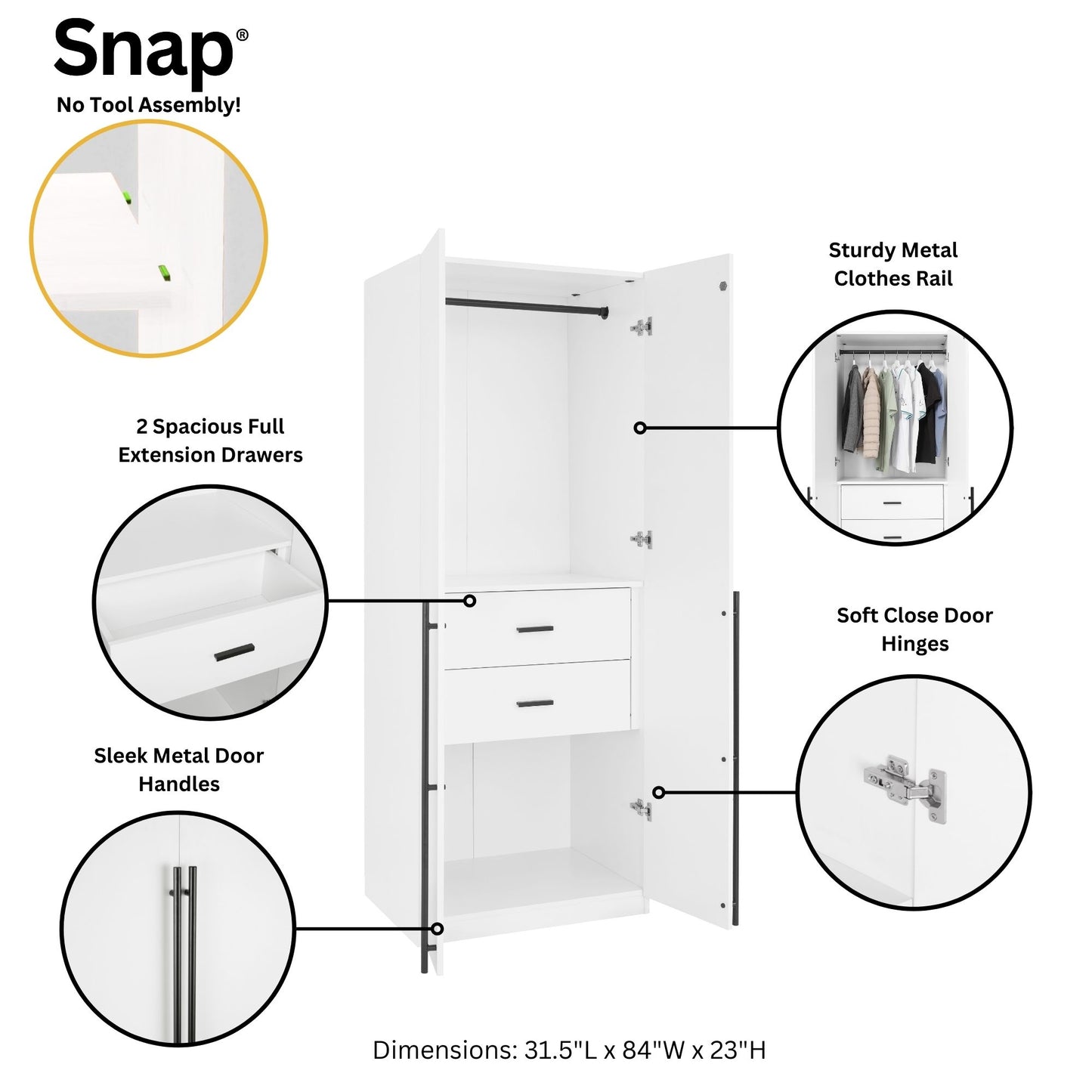 Lee Modern 2-Piece Wardrobe Closet in White 2-WC0023-WH