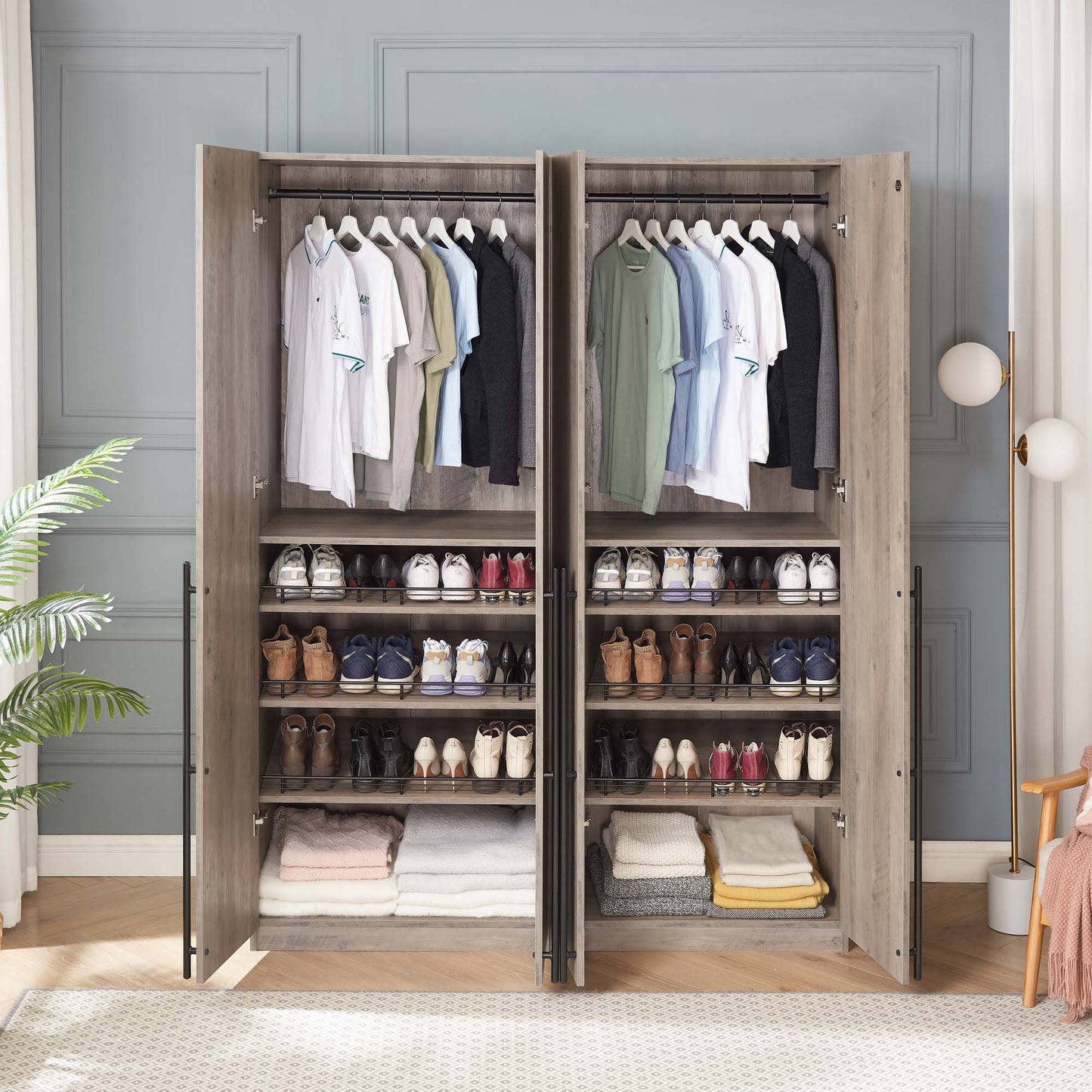 Manhattan Comfort Lee Modern Freestanding Wardrobe Closet 3.0 with 1 Hanging Rod, 3 Shoe Shelves, and 1 Basic Shelf in Rustic Grey- Set of 2 2-WC003-GY
