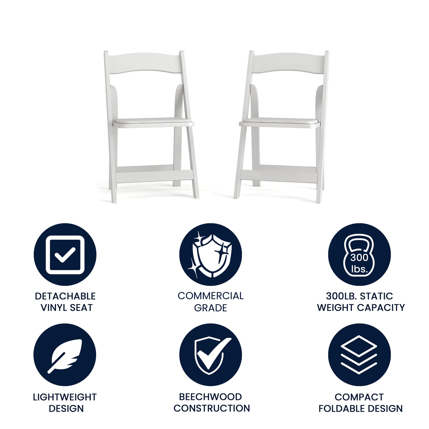 2 Pack HERCULES Series White Wood Folding Chair with Vinyl Padded Seat White