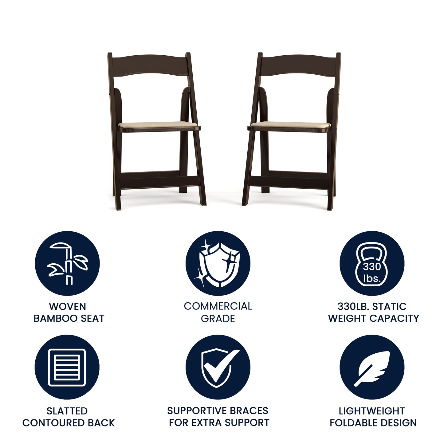 2 Pack HERCULES Series Fruitwood Wood Folding Chair with Vinyl Padded Seat Fruitwood