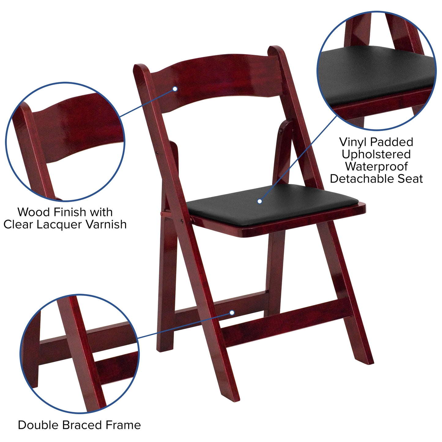 2 Pack HERCULES Series Mahogany Wood Folding Chair with Vinyl Padded Seat Mahogany