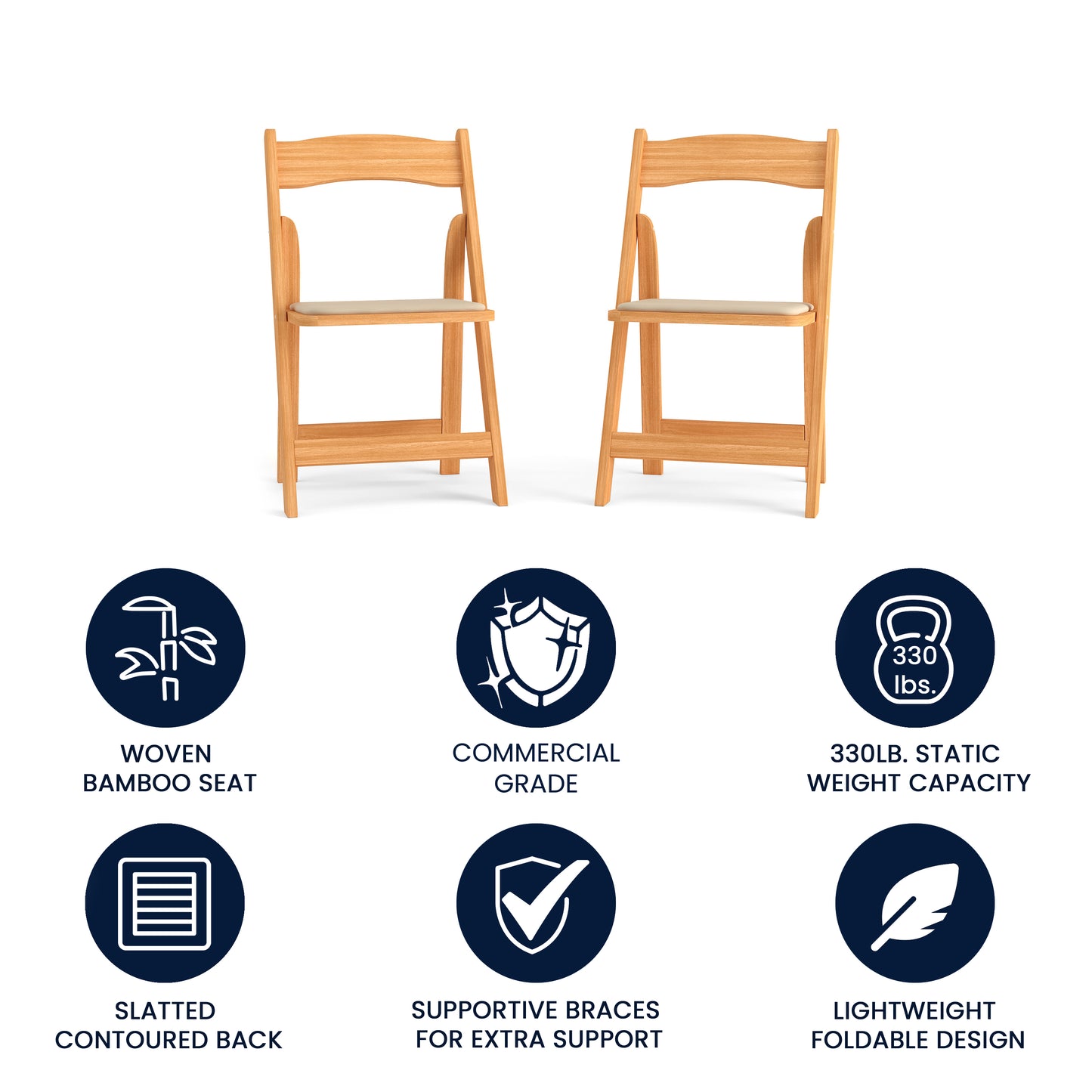 2 Pack HERCULES Series Natural Wood Folding Chair with Vinyl Padded Seat Natural
