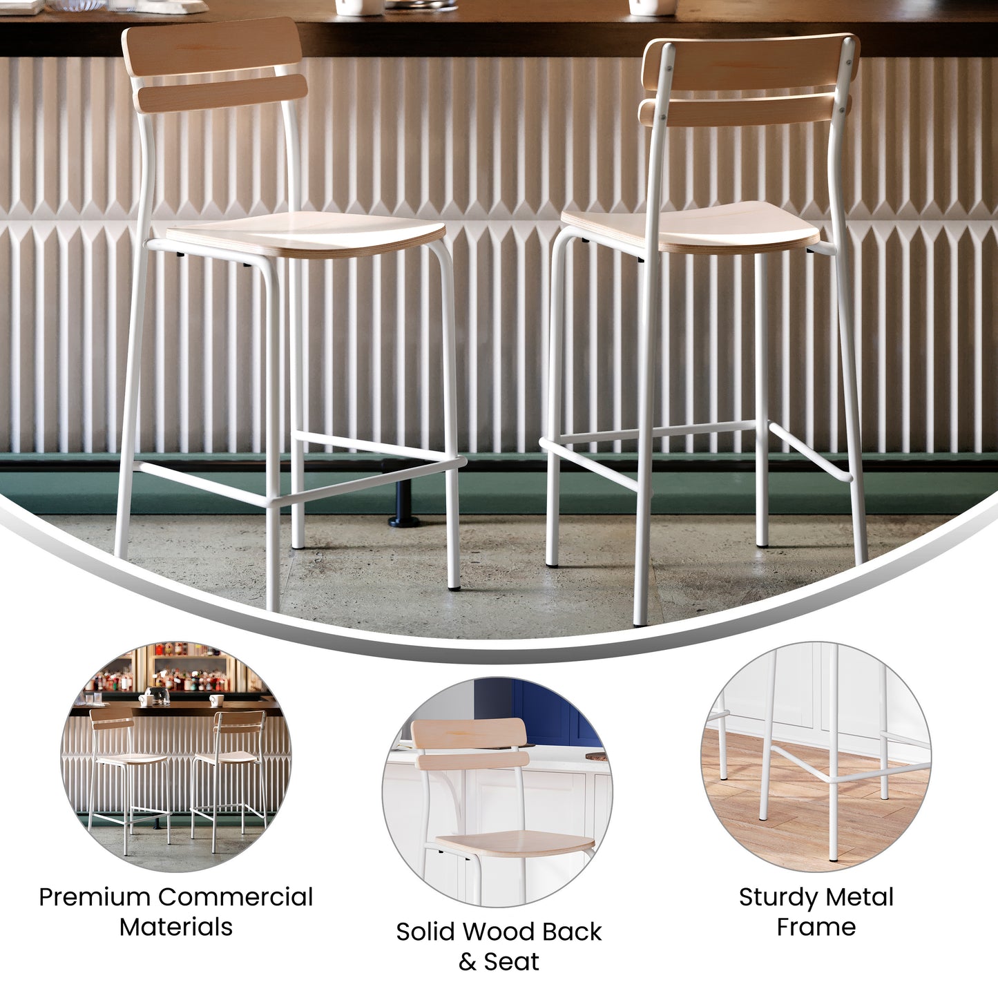 2 Pack Cyprus Commercial Grade Solid Wood Bar Stools with White Metal Frames and Antique White Finish Antique White 2-XU-CH10443B-ANTWHT-GG