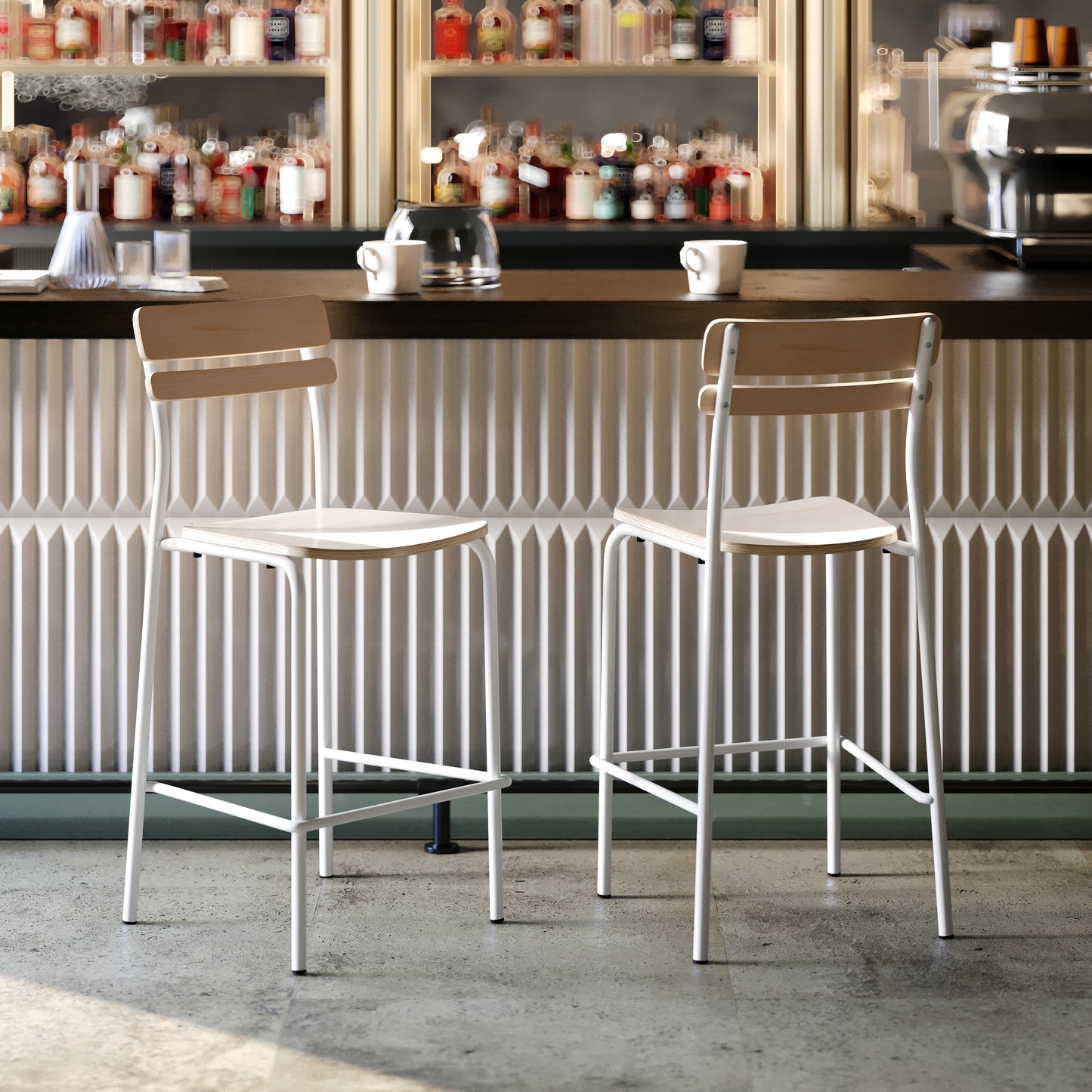 2 Pack Cyprus Commercial Grade Solid Wood Bar Stools with White Metal Frames and Antique White Finish Antique White 2-XU-CH10443B-ANTWHT-GG