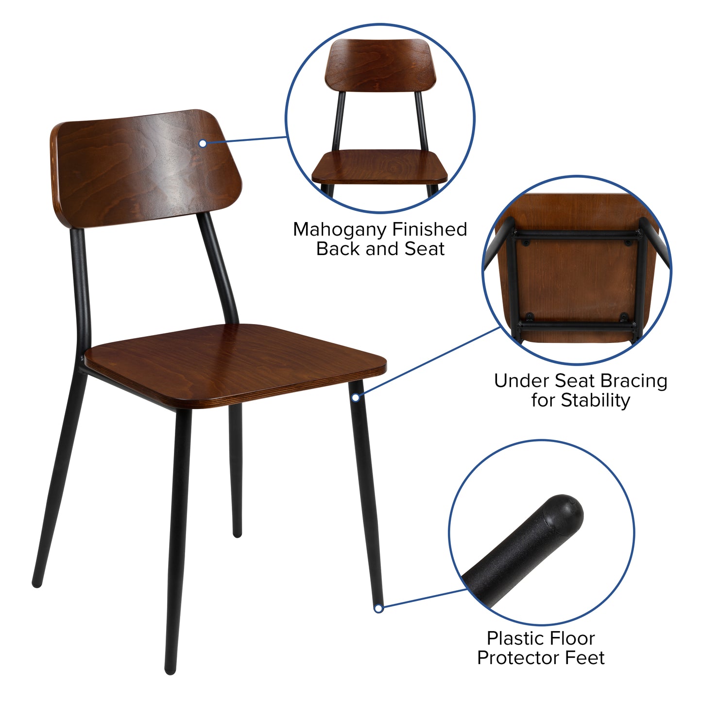 Lincoln Industrial Dining Chair with Gunmetal Steel Frame and Rustic Wood Seat, Set of 2 Mahogany