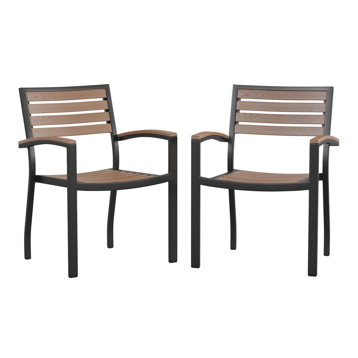 Lark Outdoor Stackable Faux Teak Side Chair - Commercial Grade Black Aluminum Patio Chair with Synthetic Teak Slats - Set of 2 Teak