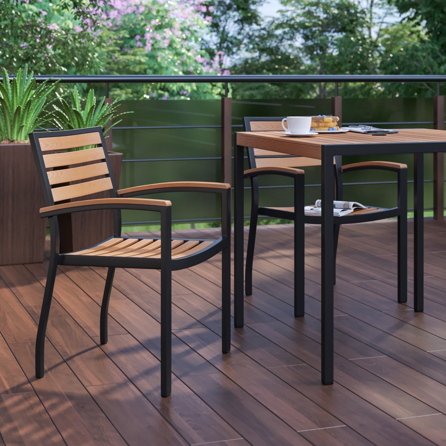 Lark Outdoor Stackable Faux Teak Side Chair - Commercial Grade Black Aluminum Patio Chair with Synthetic Teak Slats - Set of 2 Teak