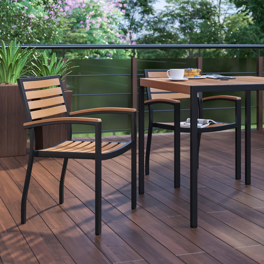 Lark Outdoor Stackable Faux Teak Side Chair - Commercial Grade Black Aluminum Patio Chair with Synthetic Teak Slats - Set of 2 Teak