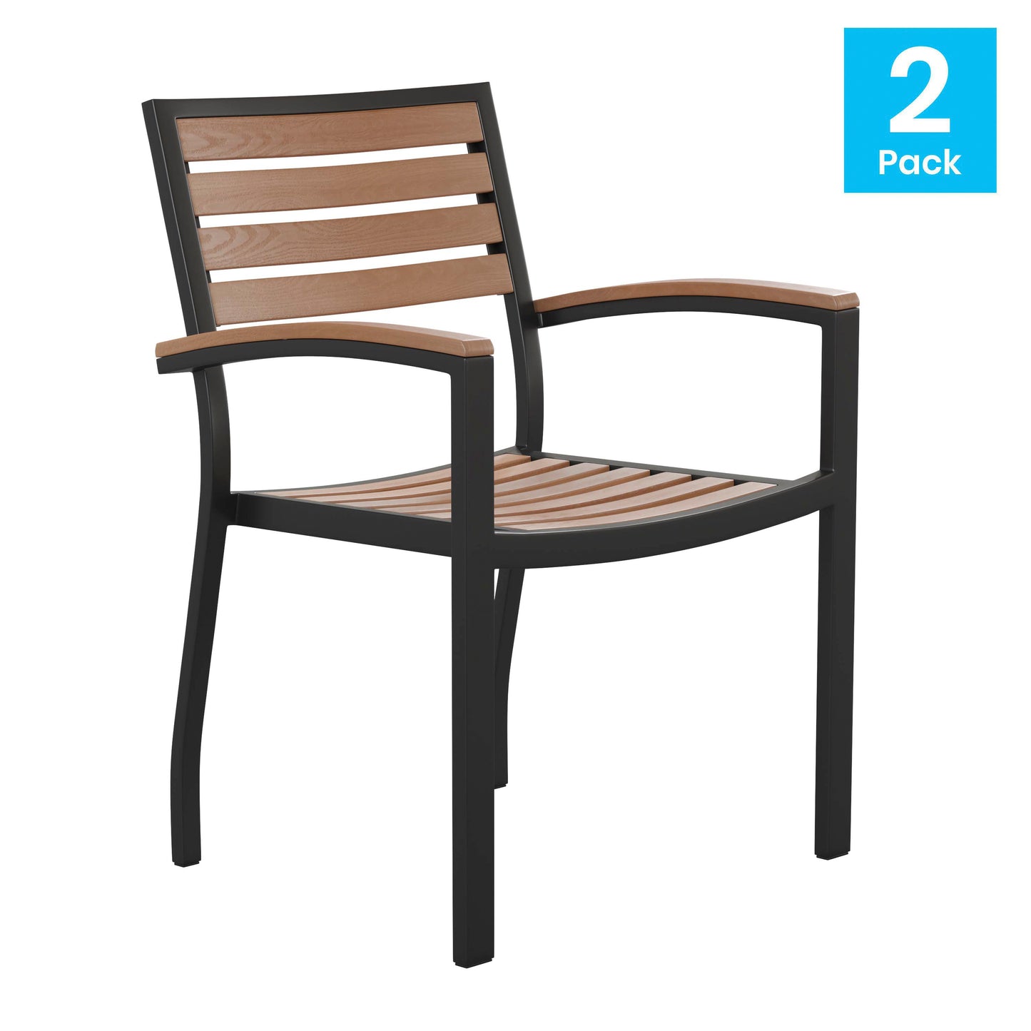 Lark Outdoor Stackable Faux Teak Side Chair - Commercial Grade Black Aluminum Patio Chair with Synthetic Teak Slats - Set of 2 Teak