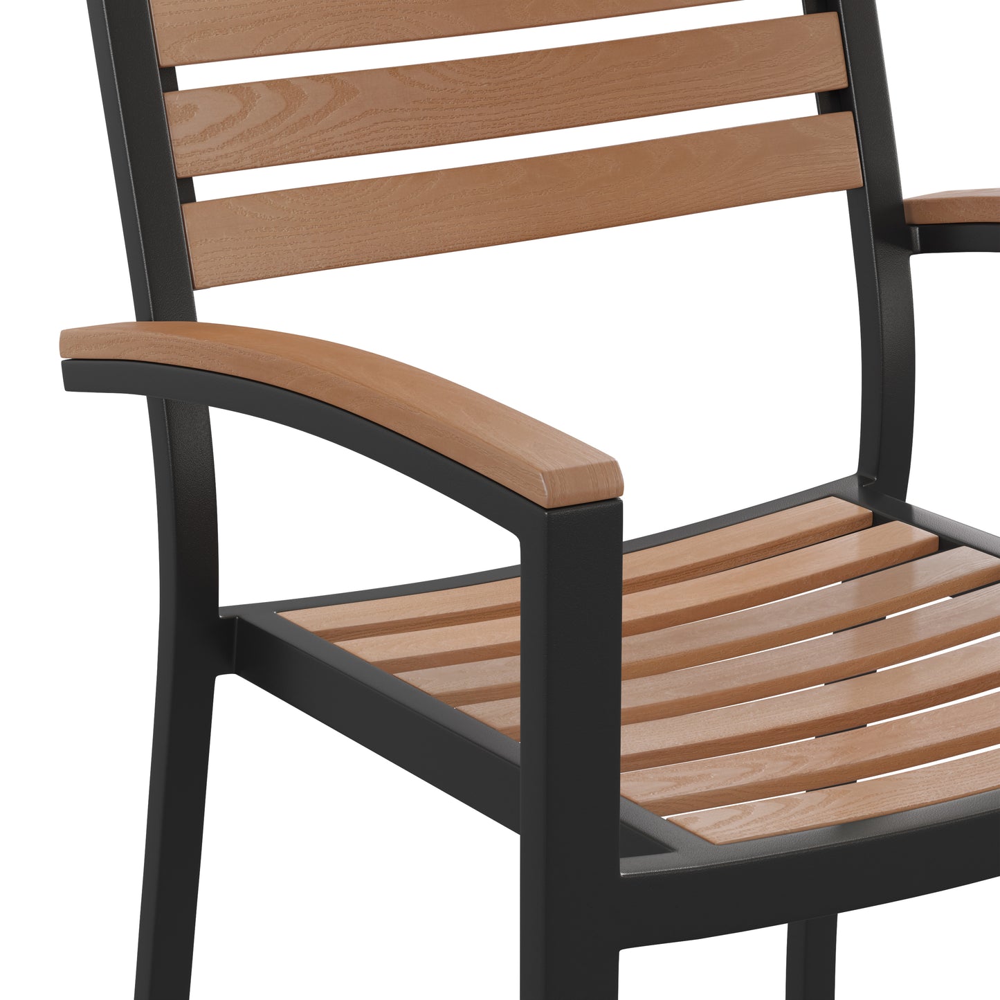 Lark Outdoor Stackable Faux Teak Side Chair - Commercial Grade Black Aluminum Patio Chair with Synthetic Teak Slats - Set of 2 Teak