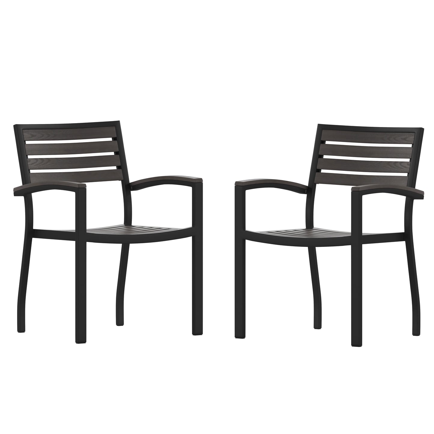 Lark Set of 2 Outdoor Stackable Faux Teak Side Chairs - Commercial Grade Black Aluminum Patio Chairs with Synthetic Gray Wash Faux Teak Slats Gray Wash Teak